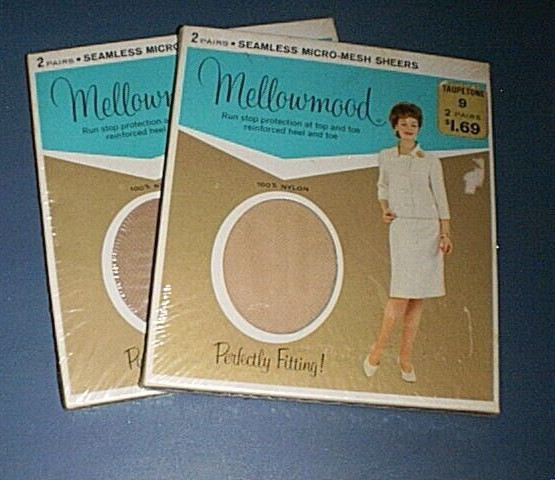 Vtg MELLOWMOOD Sz 9 Seamless Nylon Hosiery 2 pairs in each 2 NEW Sealed Packages
