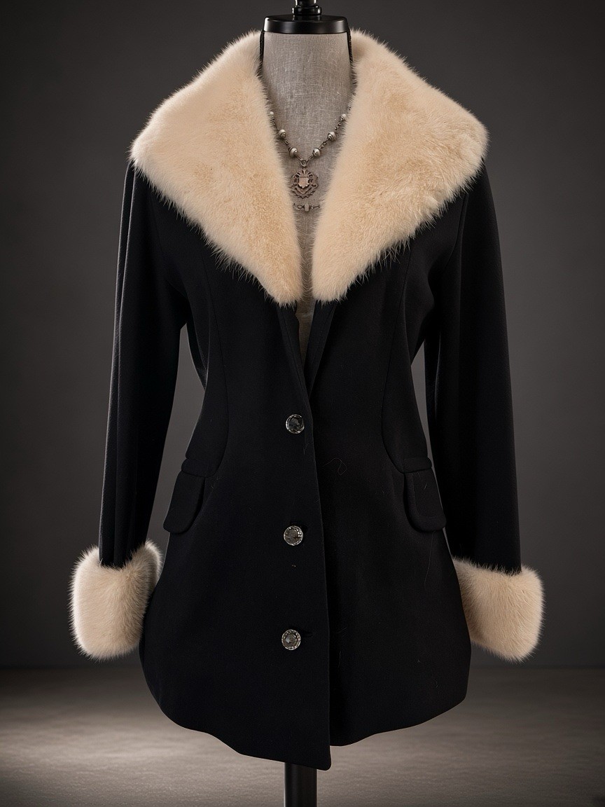 Vintage Couture Imports Black Wool Coat with Cream Fur Collar & Cuffs