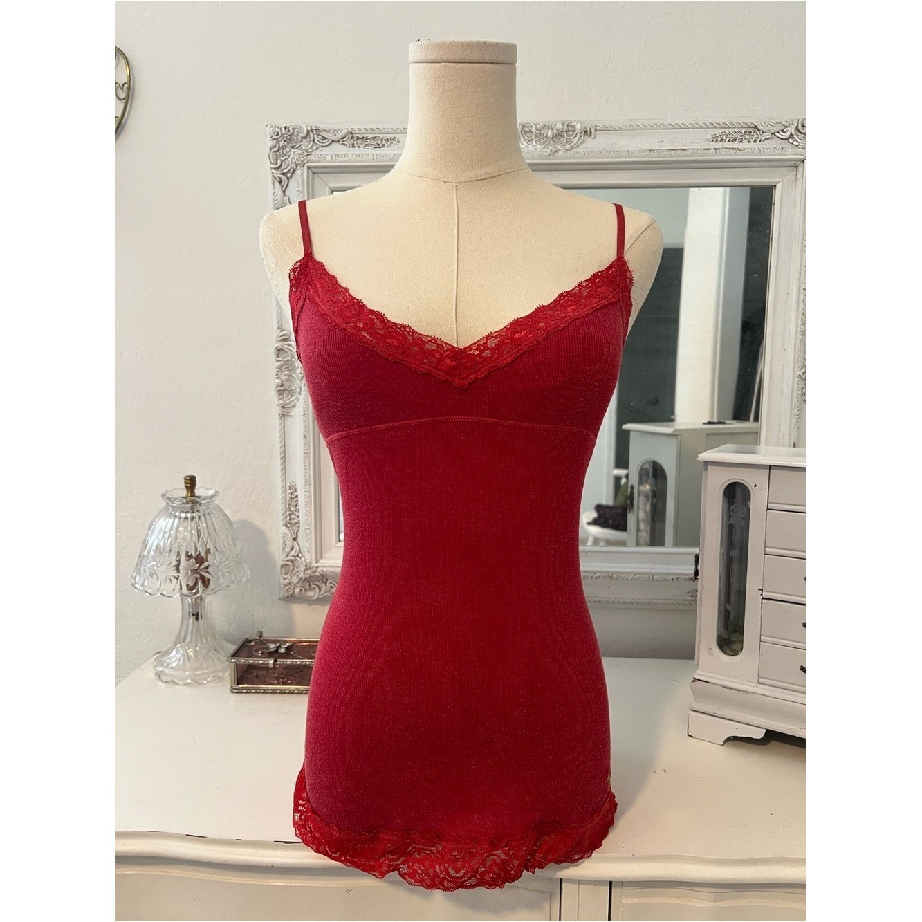 vintage victoria’s secret pink red lace babydoll cami tank top