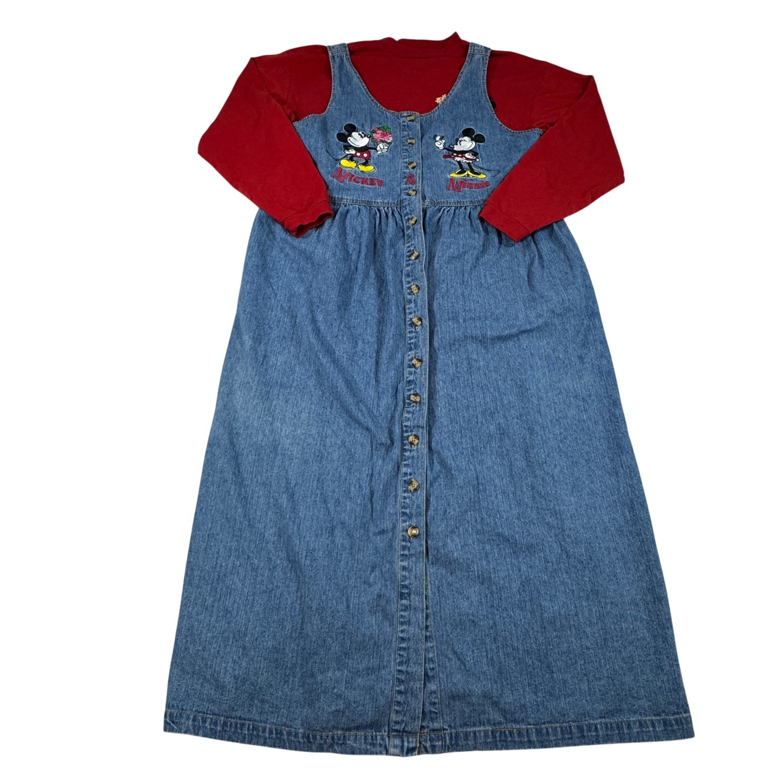 Vintage Disney Store Mickey Minnie Denim Jumper Dress Red Shirt Set L/XL Boho