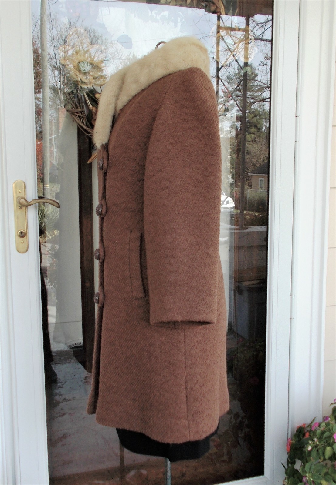 Vintage Brown Rust Textured Wool Coat W/ Champagne Blonde Mink Collar S/M