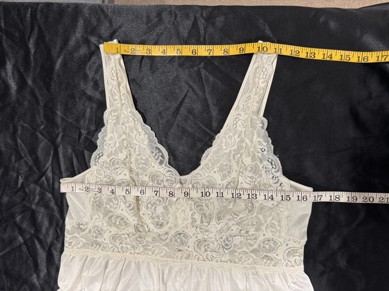 Vtg Shadowline Nightgown Slip Dress Full Sweep Maxi Lace Sz L Nylon Ivory Bridal