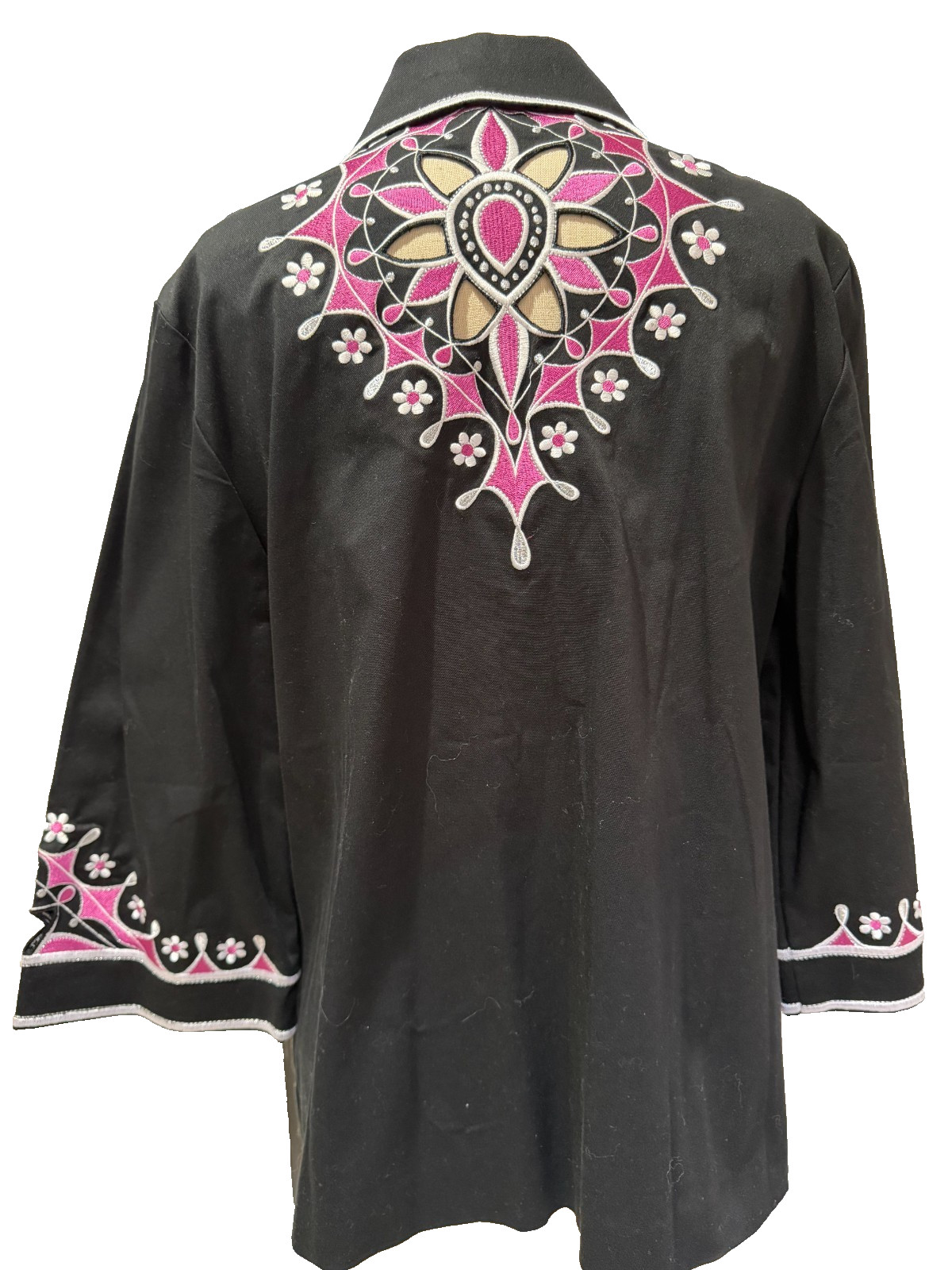Bob Mackie Wearable Art Black floral Embroidered Cut Out Jacket