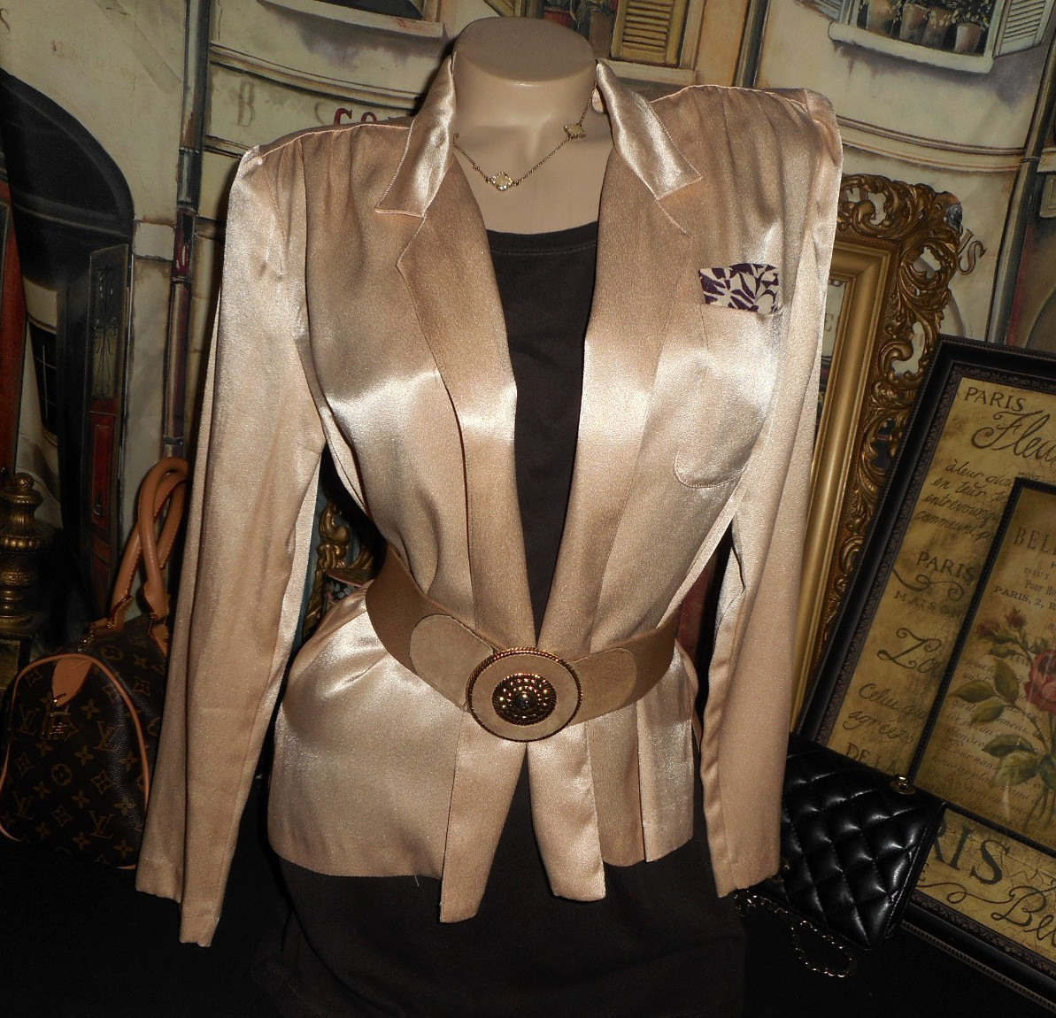 8 10 VinTage Satin Blazer Open Front Fly-a-way No Button Gold 1980’s Executive