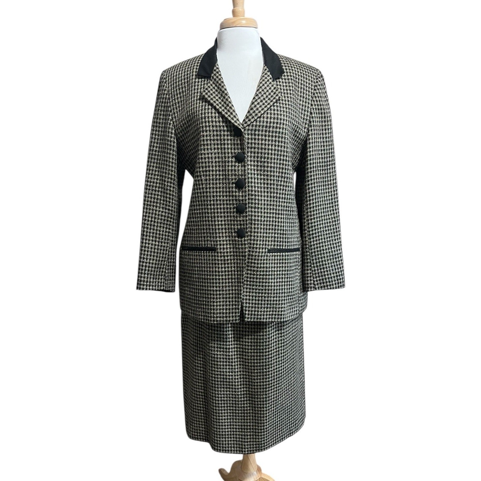 Vintage Tailor Flex Womens 12 Houndstooth Plaid Tweed Classic Blazer Skirt Suit
