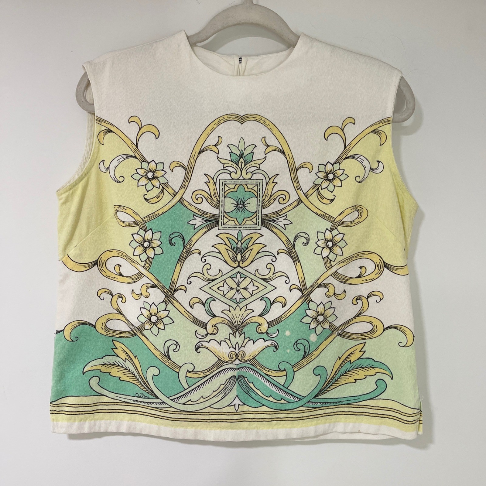 Cellini Vintage Hand Screen Print Top Womens 18 White Yellow Floral | Mod Retro