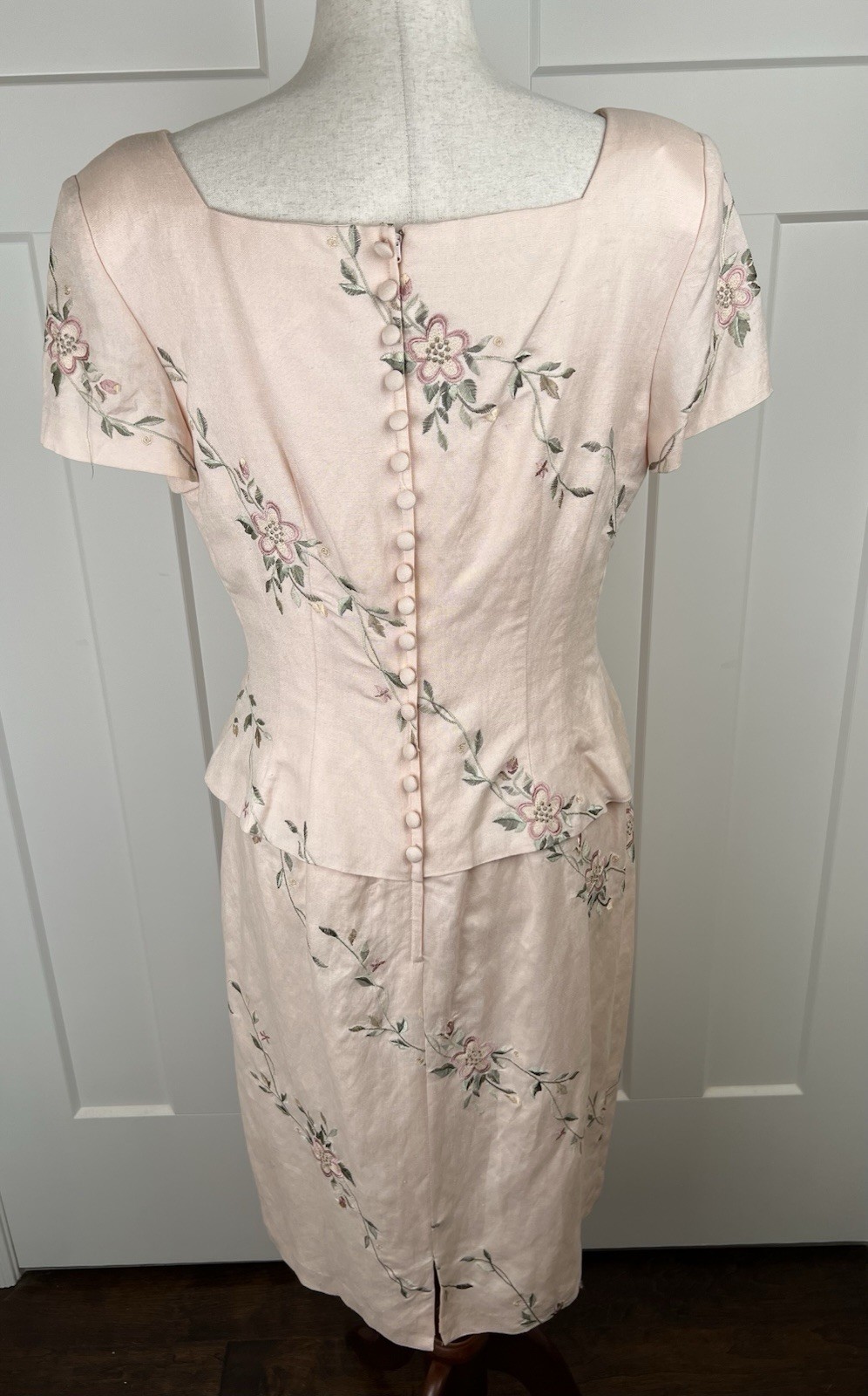 Vintage Donna Morgan Dress 10 Pink Linen Blend Embroidered Floral Midi Cottage