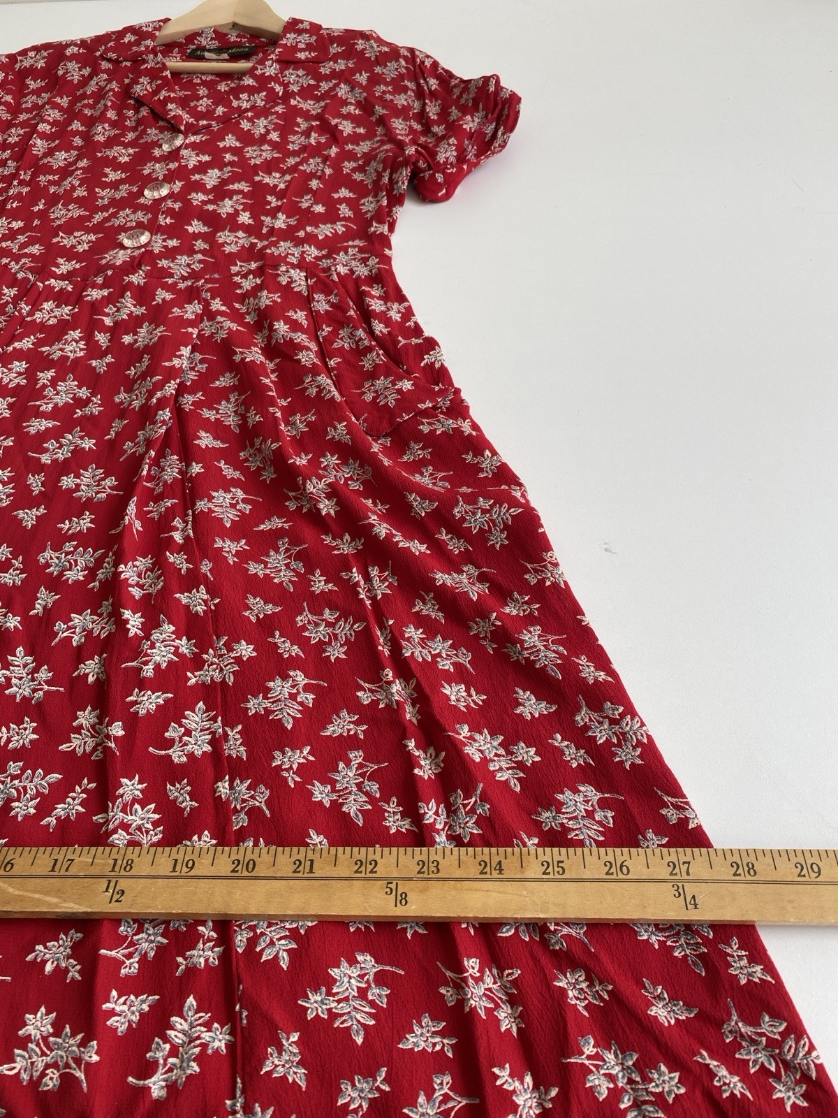 Vintage 90s Autumn Moon S M Rayon Belted Dress Pockets Red Floral USA Retro 50s