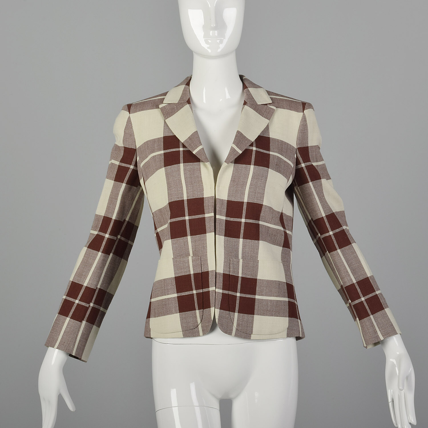 XS Salvatore Ferragamo Blazer 1980s Beige Brown Plaid Jacket Designer 80s VTG