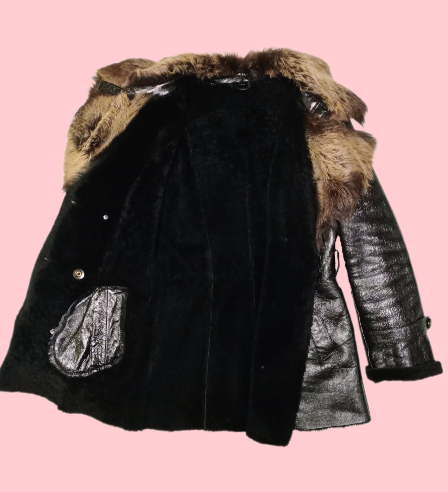 Vintage 00s Women’s Shearling Coat Black Patent Leather Toscana Fur Size L