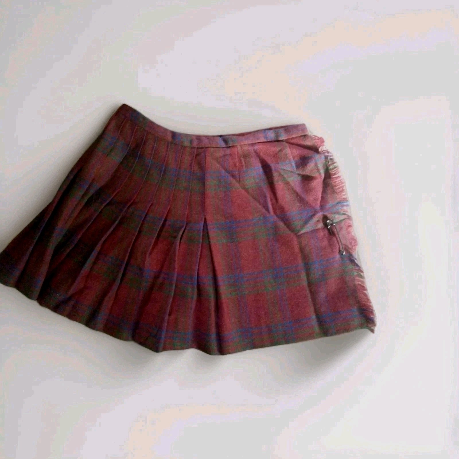 THE VILLAGER VINTAGE WOOL WRAP SKIRT KILT SAFETY PIN PLAID 00 (XXS) 22-23″ WAIST