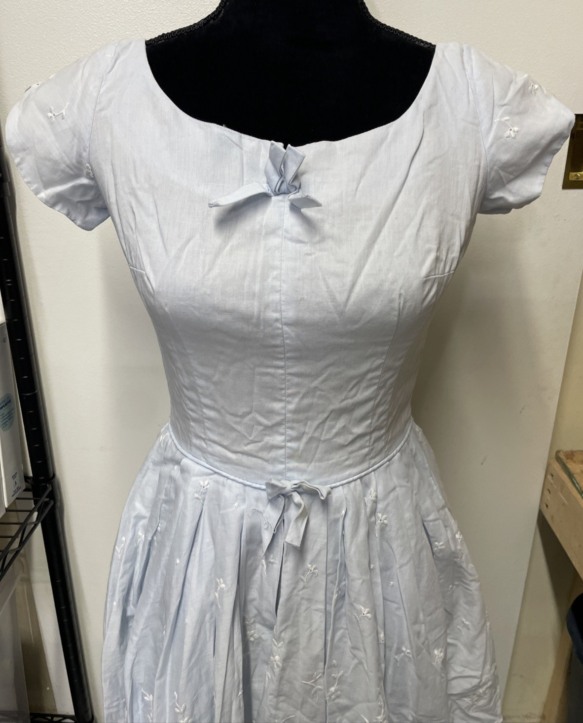 Vtg Blue Cotton Dress W/ Embroidered White Flowers Layered Split Skirt Flowy XS