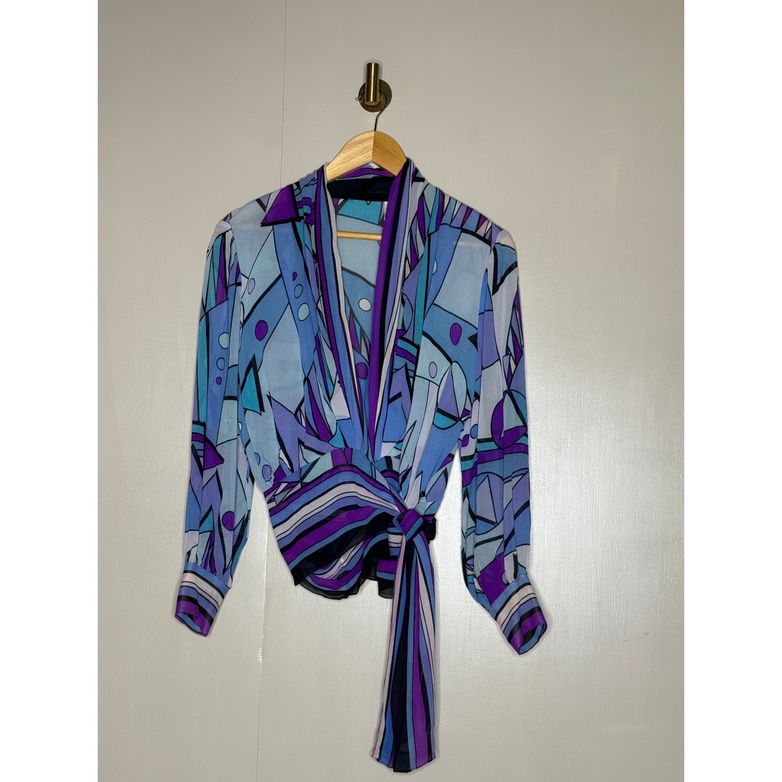 100% Silk Abstract Geometric Wrap Blouse Size 6 Y2K Art Deco