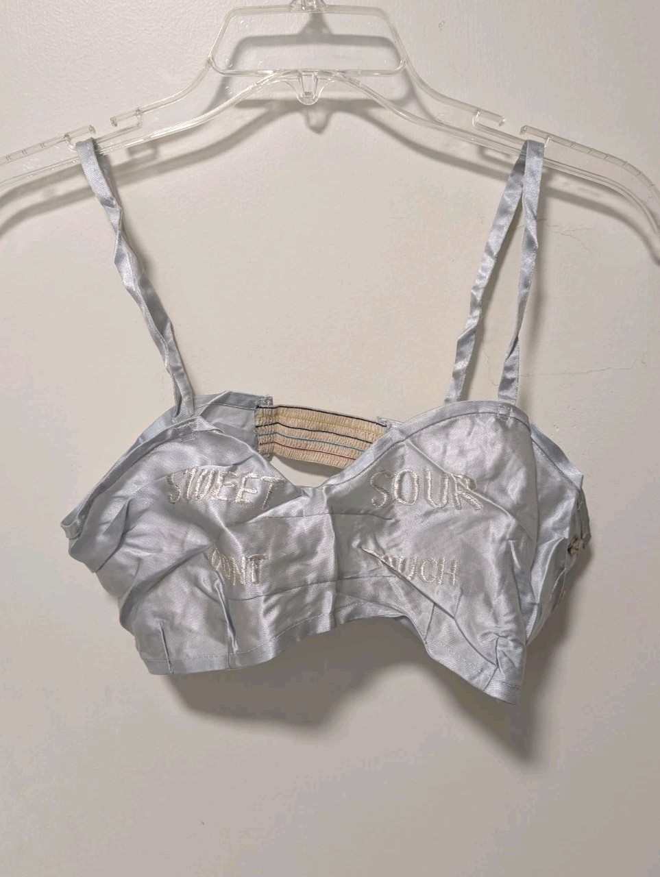 Vtg WWII Souvenir Lingerie Baby Blue Bra Embroidered Sweet Sour Don’t Touch