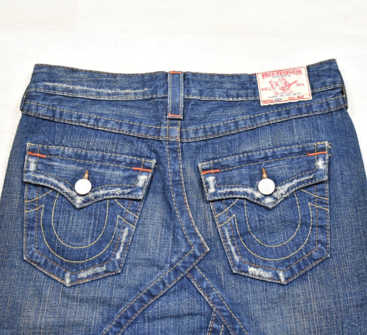 Y2K TRUE RELIGION Joey #18609 Mini Denim Skirt Distressed Flap Pockets 27 VTG