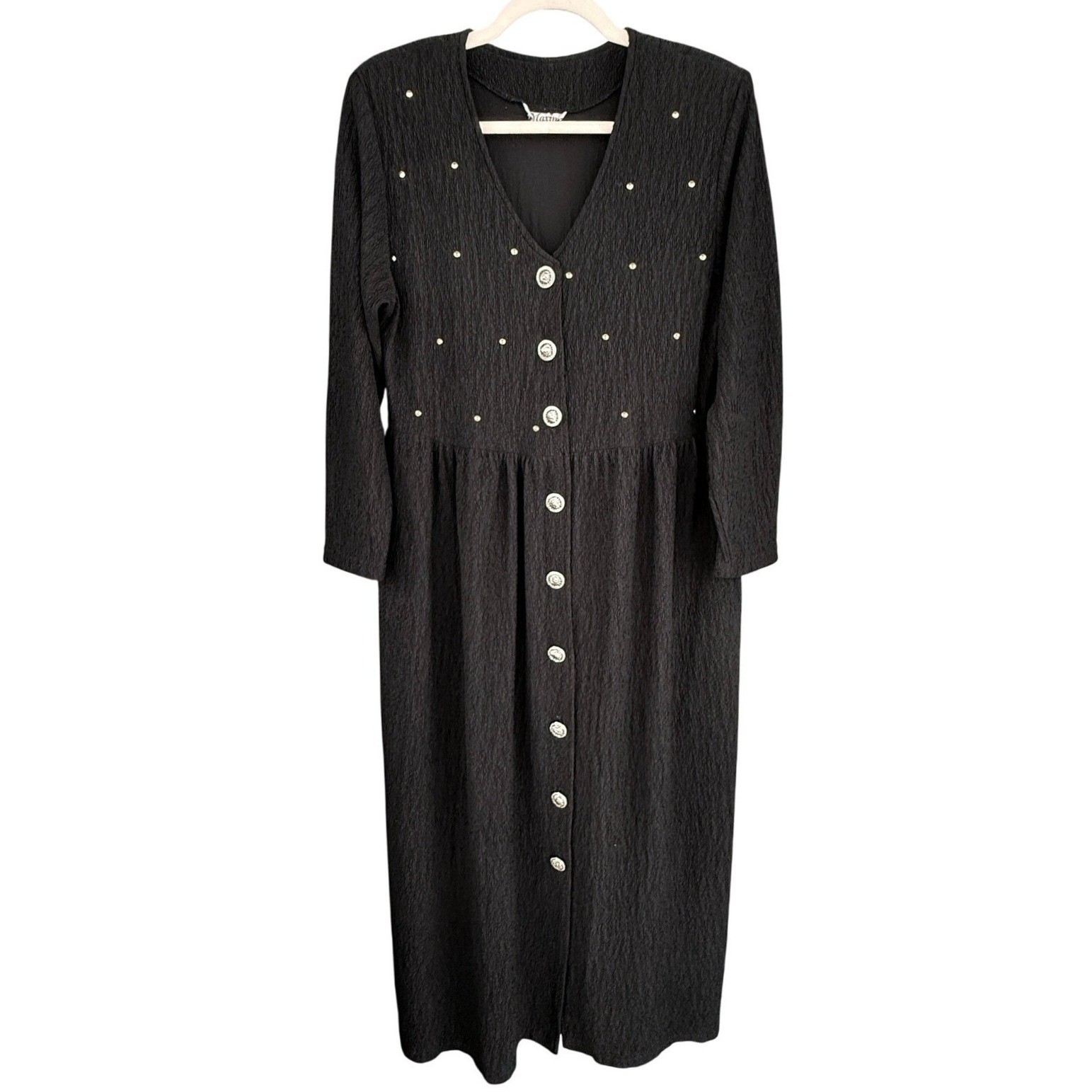 A3 Maxima Dress Sunburst Buttons Midi 1990s Vintage Studded Crinkle Black