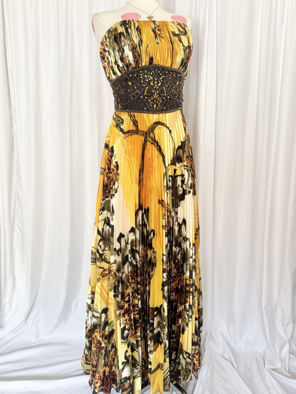 Vintage Yellow Leopard Floral Beaded Sequin Pleated Formal Gown Dress 14 Jovani