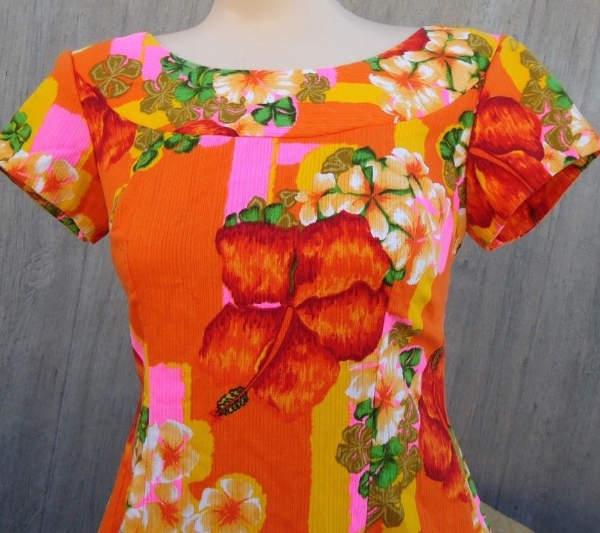 LN VTG 60s Orange Pink Yellow Floral Hawaiian Cotton Dress Penneys Beach Dress