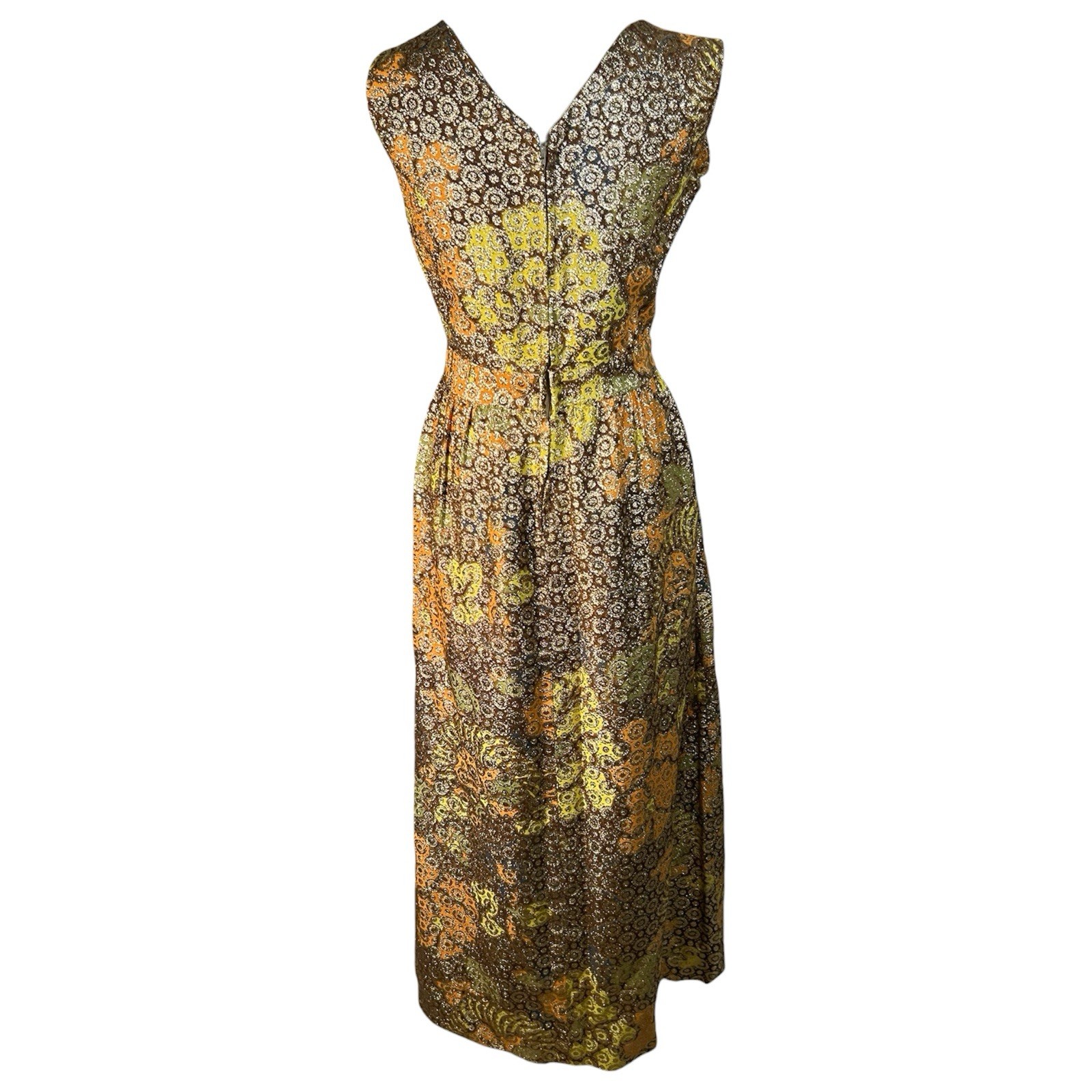 VTG 60s/70s Floral Orange Gold Hippie Psychedelic Long Maxi Dress Hand Made Sz M