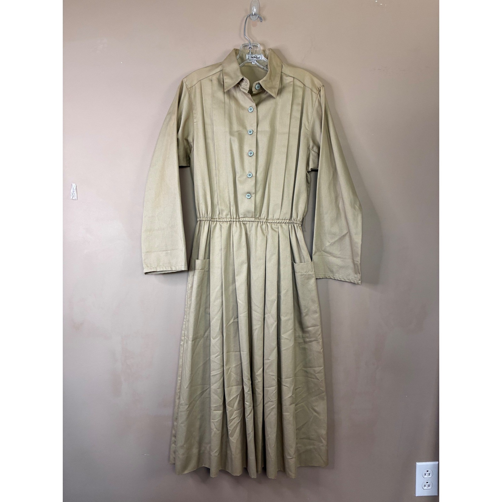 Vintage Jim Heilman Khaki Tan Pleated Shirt Dress Long Sleeve Midi Pockets Sz 10