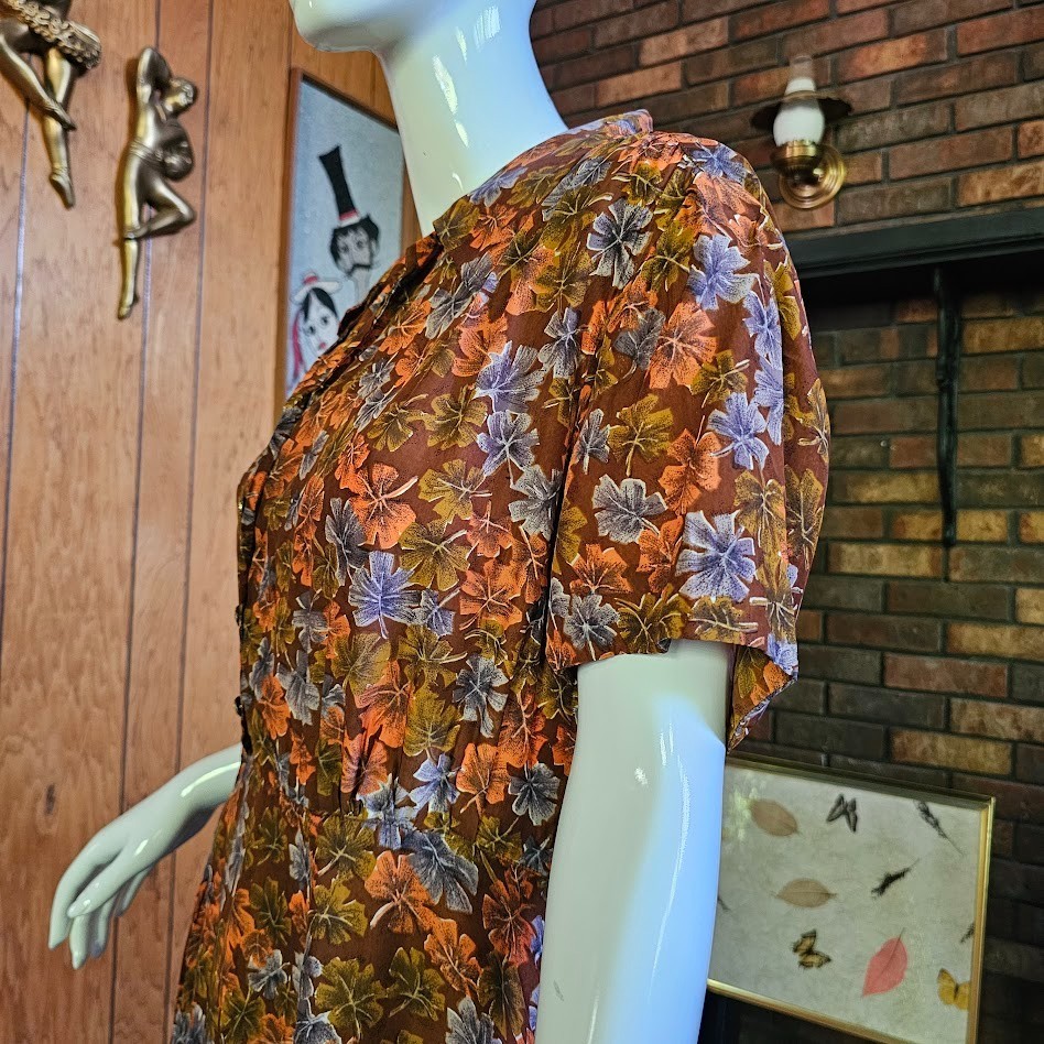Vintage 40s 50s Novelty Fall Print Volup Shirtwaist Cold Rayon Day Swing Dress L