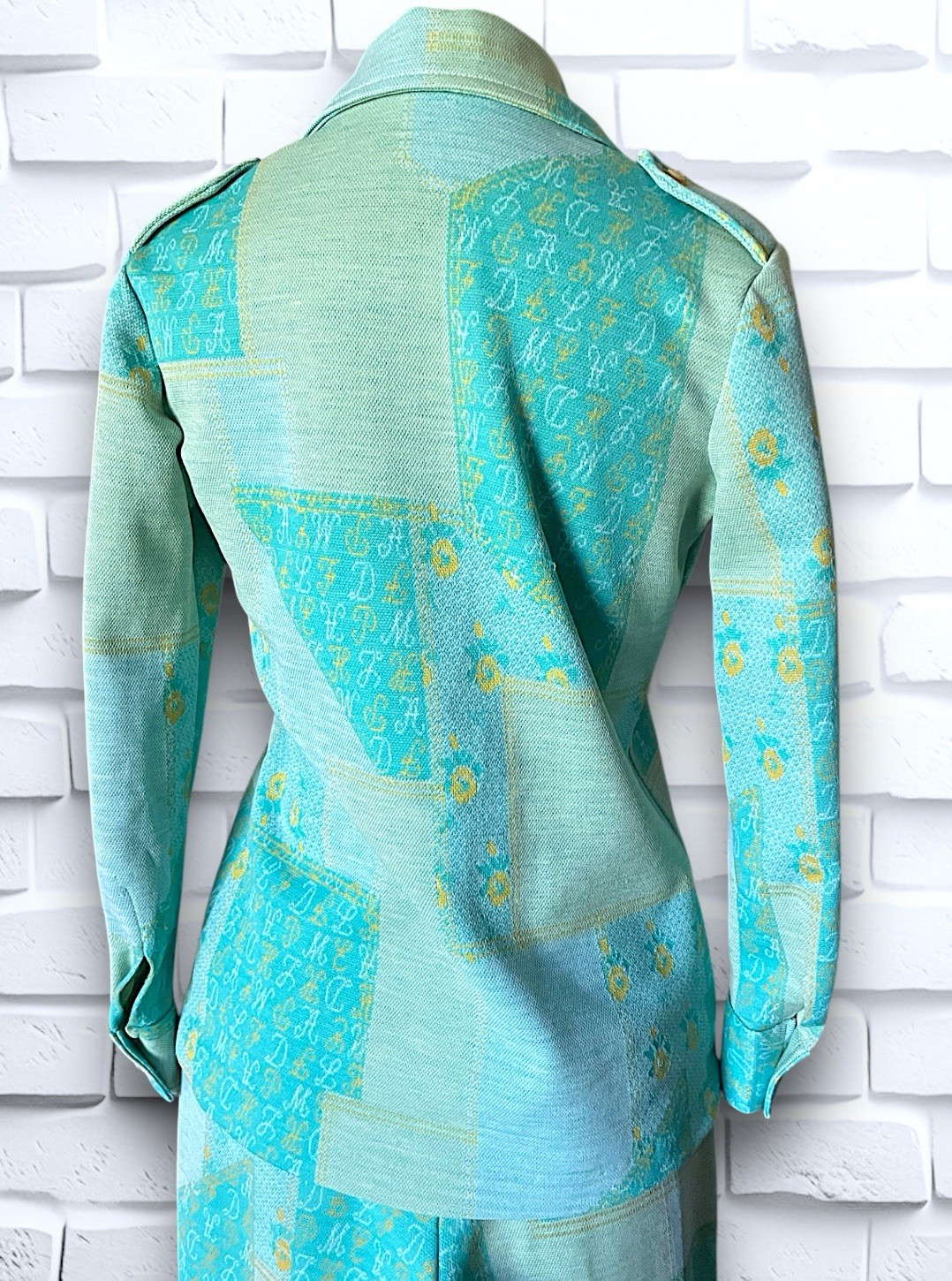 1960’s Teal, Sea Foam Green & Yellow Patchwork & Monogram Pattern Suit Spring