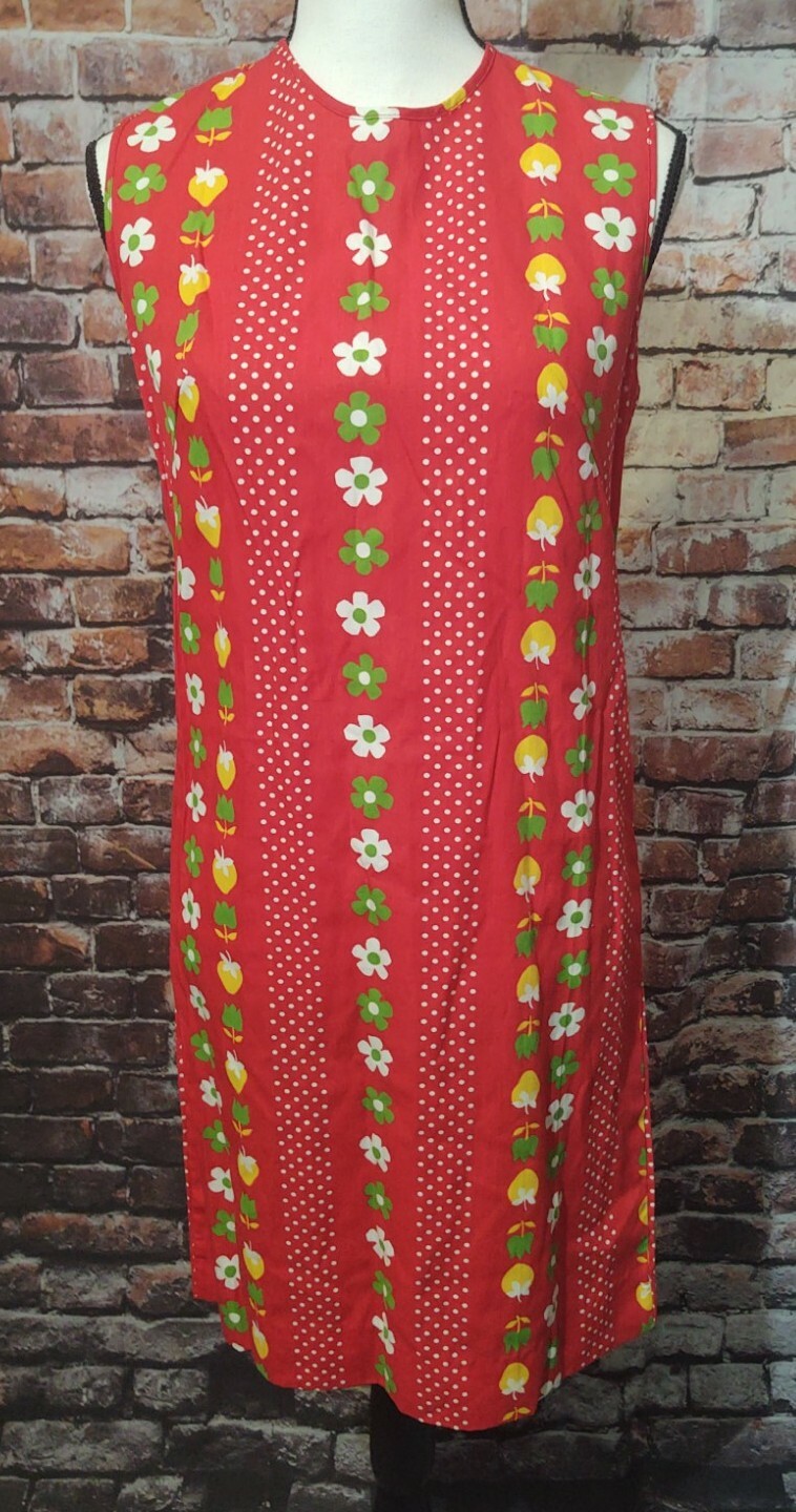 VTG NYMPHORM MOD RED COTTON SHIFT DRESS FLORAL sz 10 FABRIC BY MARBRO FABRICS