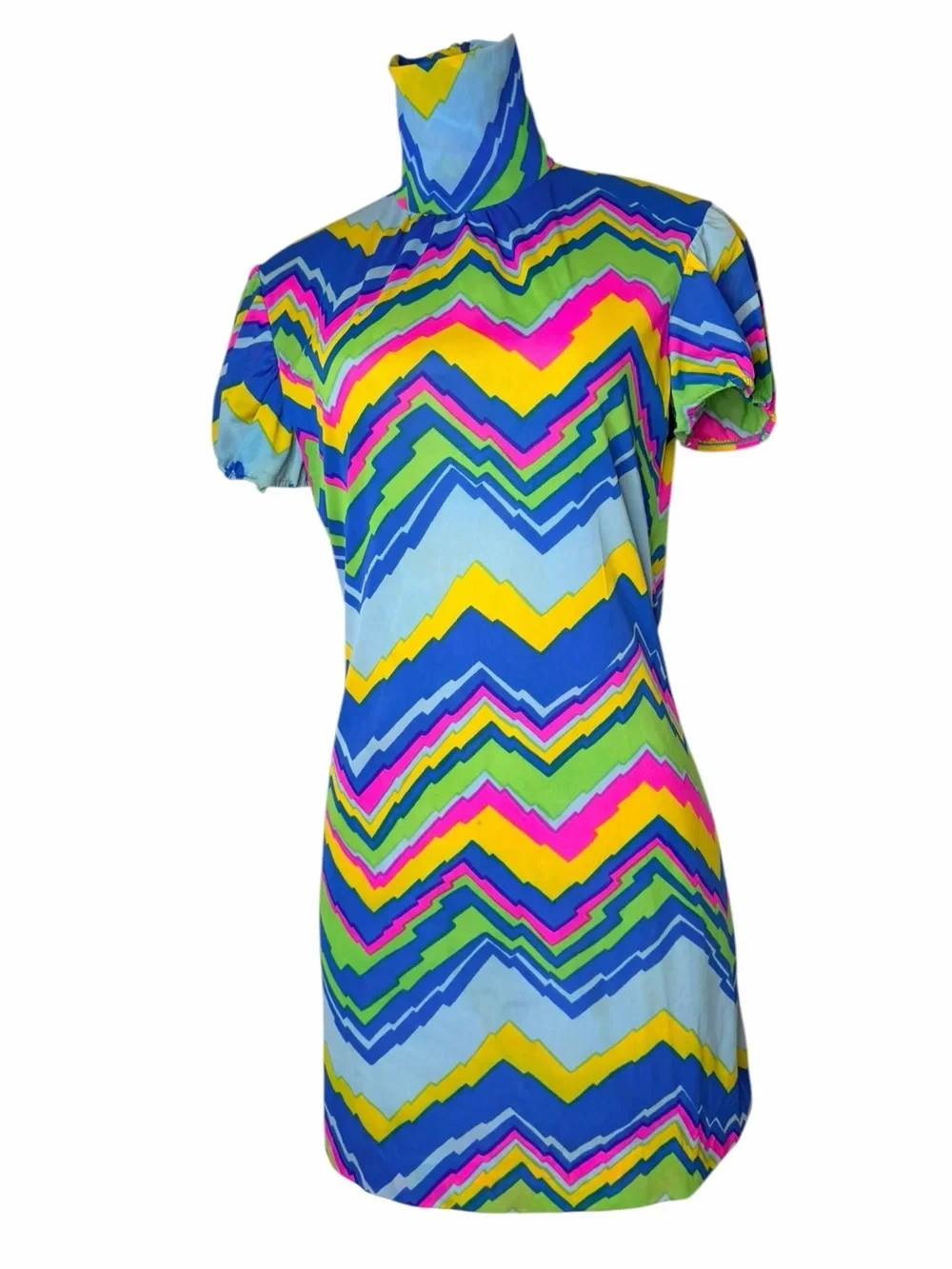 VTG 60s 70s Psychedelic Mod Chevron Mini Dress Neon Zig Zag GoGo High Neck S