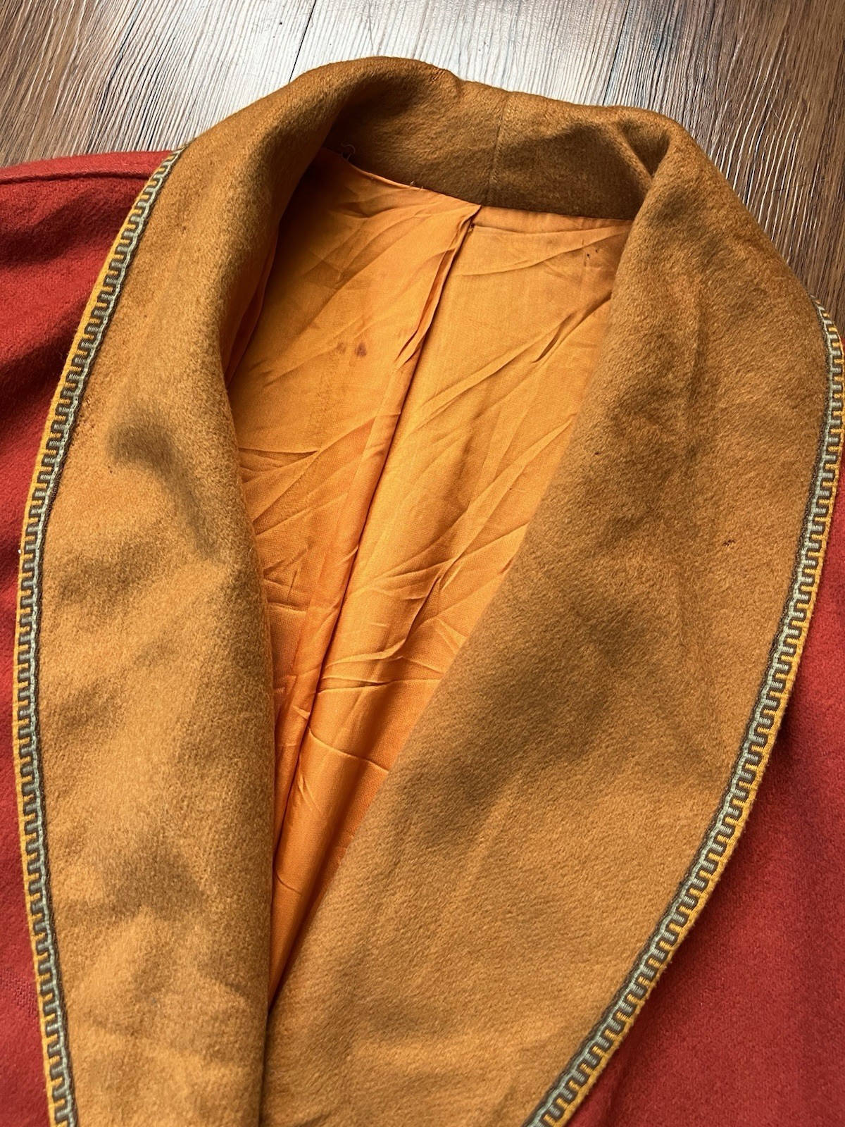 Vintage 60s 70s Wool Blend Coat Jacket Orange Yellow Trim Mod Hippie FLAWS READ