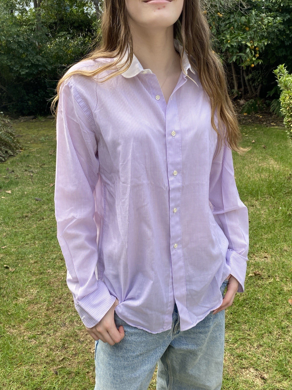 Vtg Pappagallo M Peter Pan Collar Cotton Blend Top Shirt Stripe Lavender Preppy