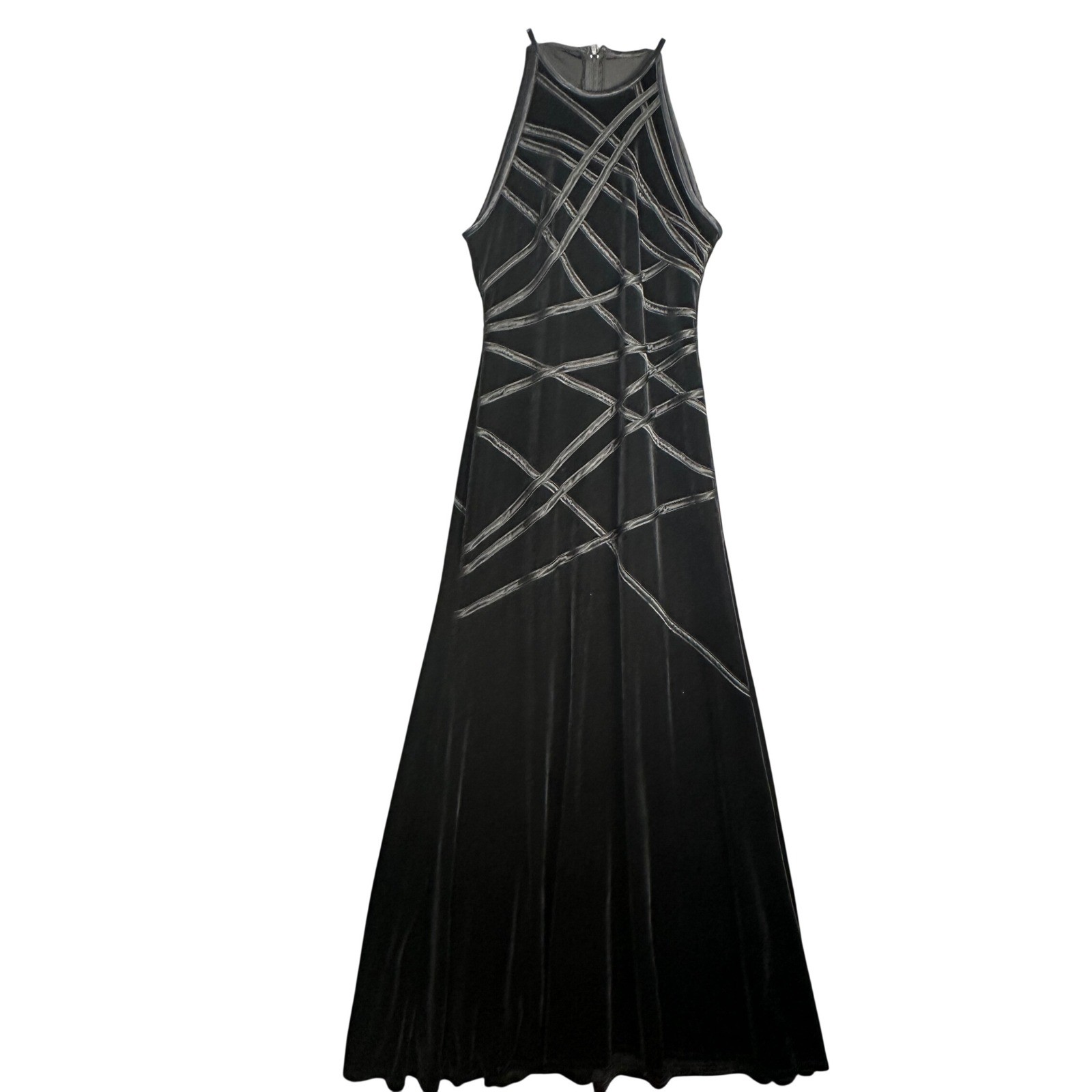 Cache Womens Vintage 90s Velvet Halter Maxi Dress Small Black Lattice Goth Gown