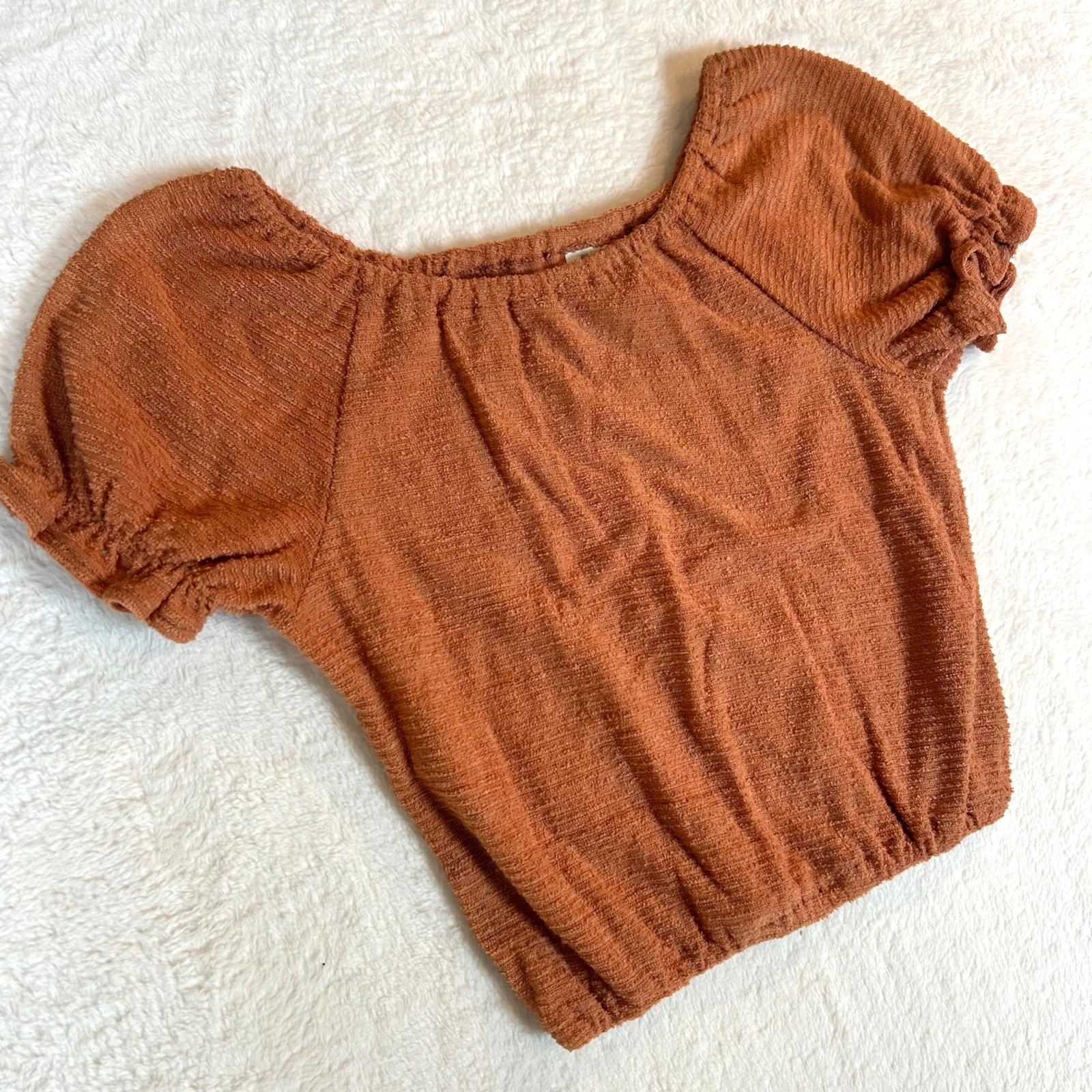 Vintage 1970s–80s Rust Cottagecore Prairie Peasant Puff Sleeve Crop Top Womens M