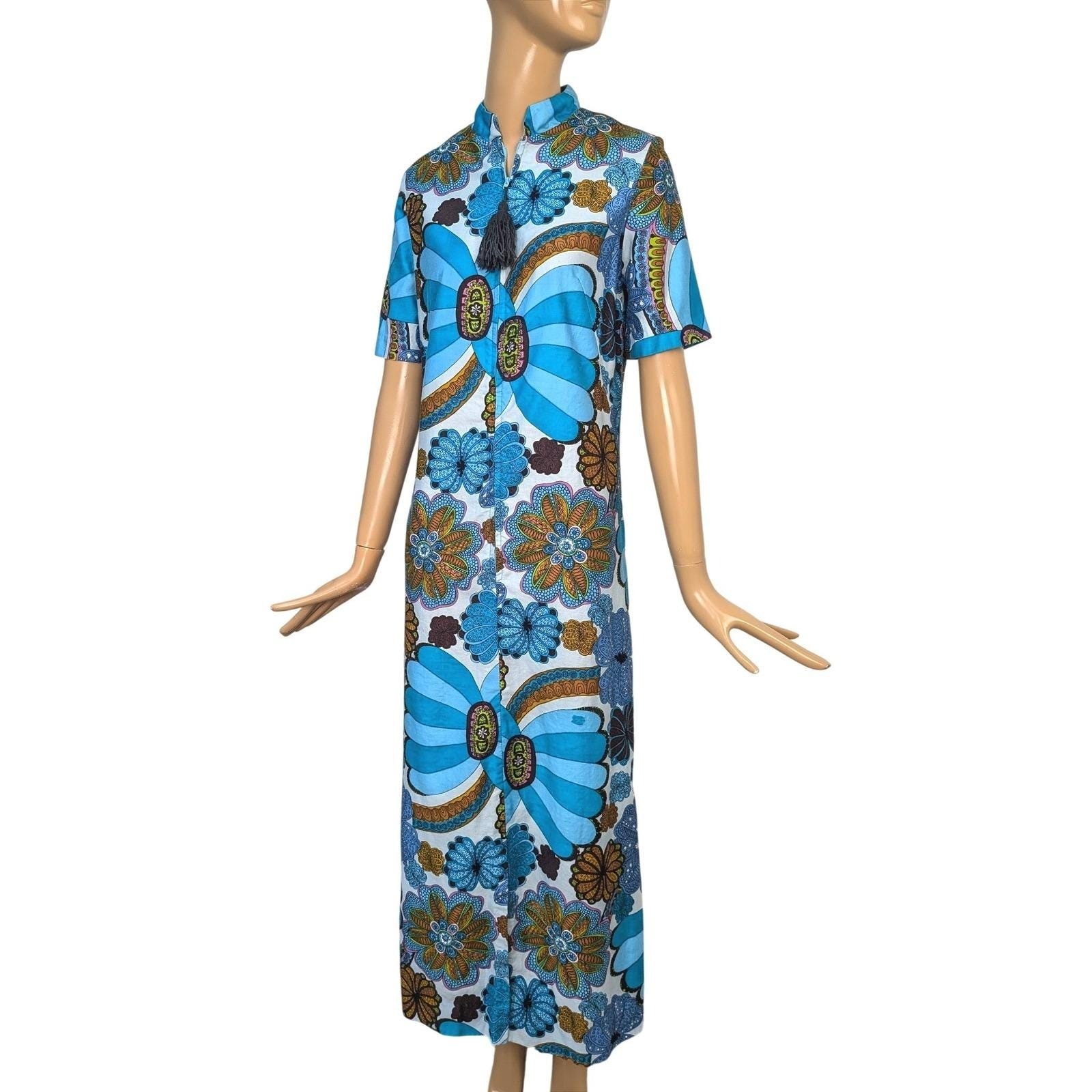 60s Vintage Alice Polynesian Caftan Day Glo Blue Floral Maxi House Dress Tassel