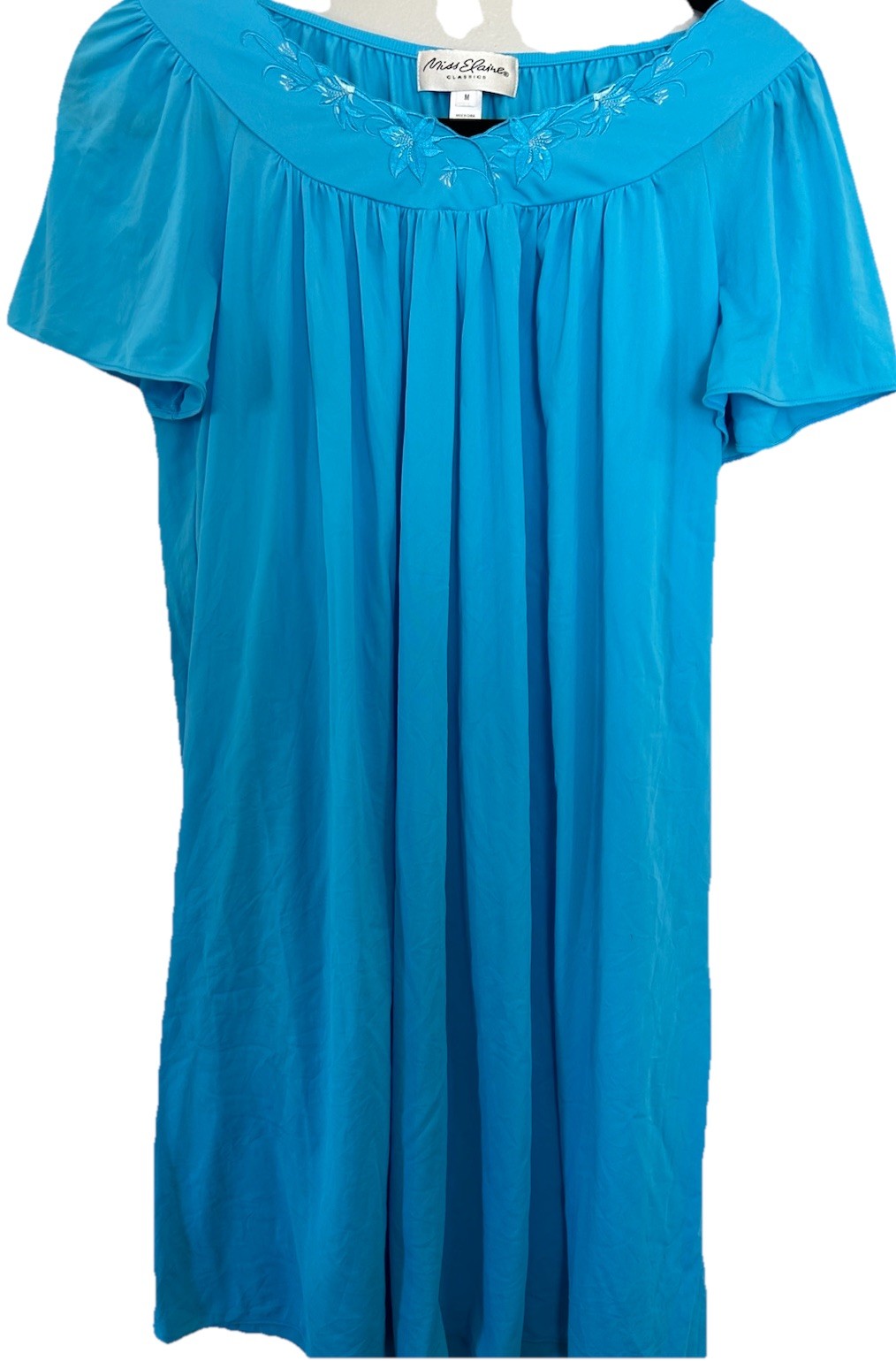 VTG Miss Elaine Nightgown Soft Nylon Aqua Marine Turquoise ButterflySleeve SizeM