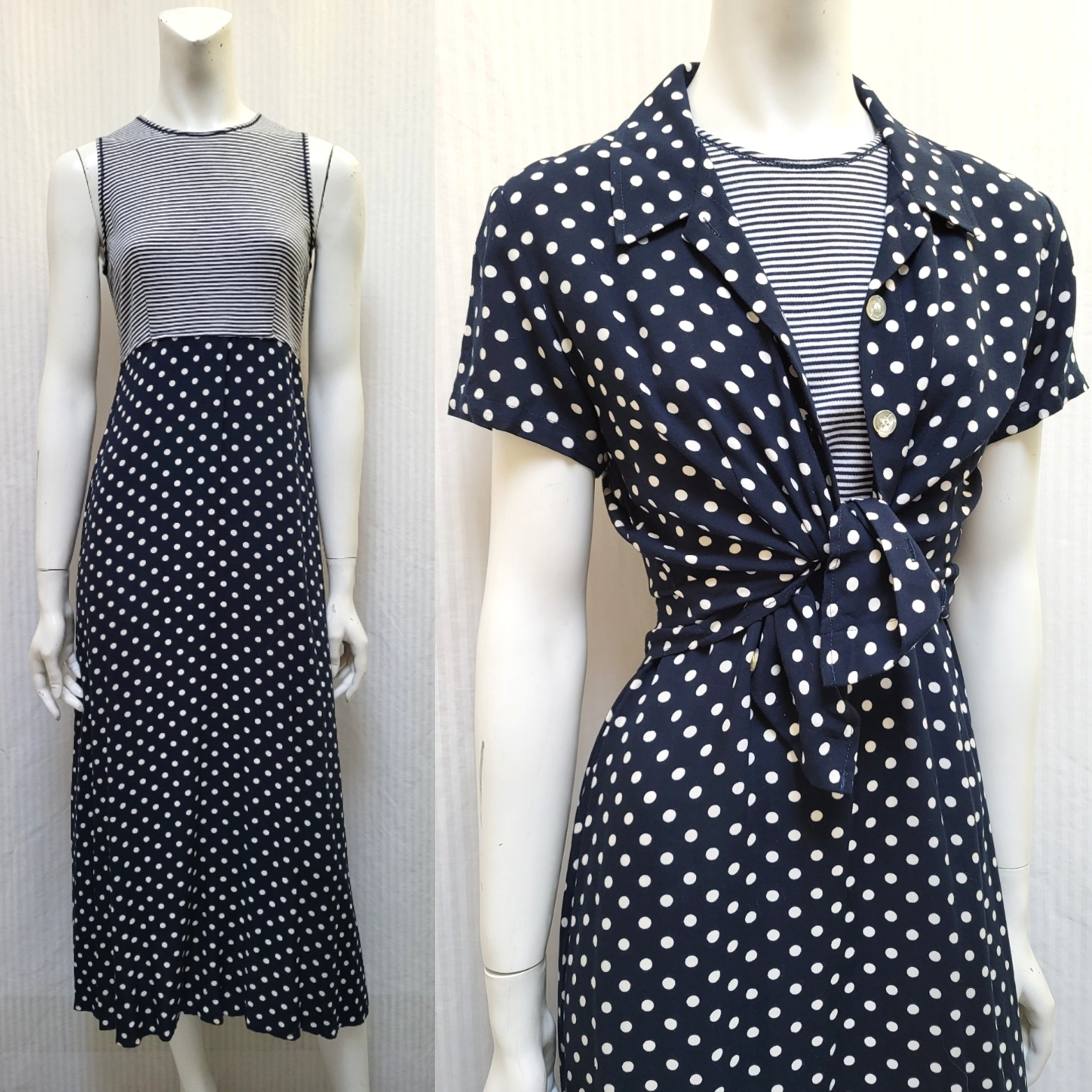 Vintage 2 Piece EXPO Blue Polka Dot Stripe Dress & Top Set – Size S