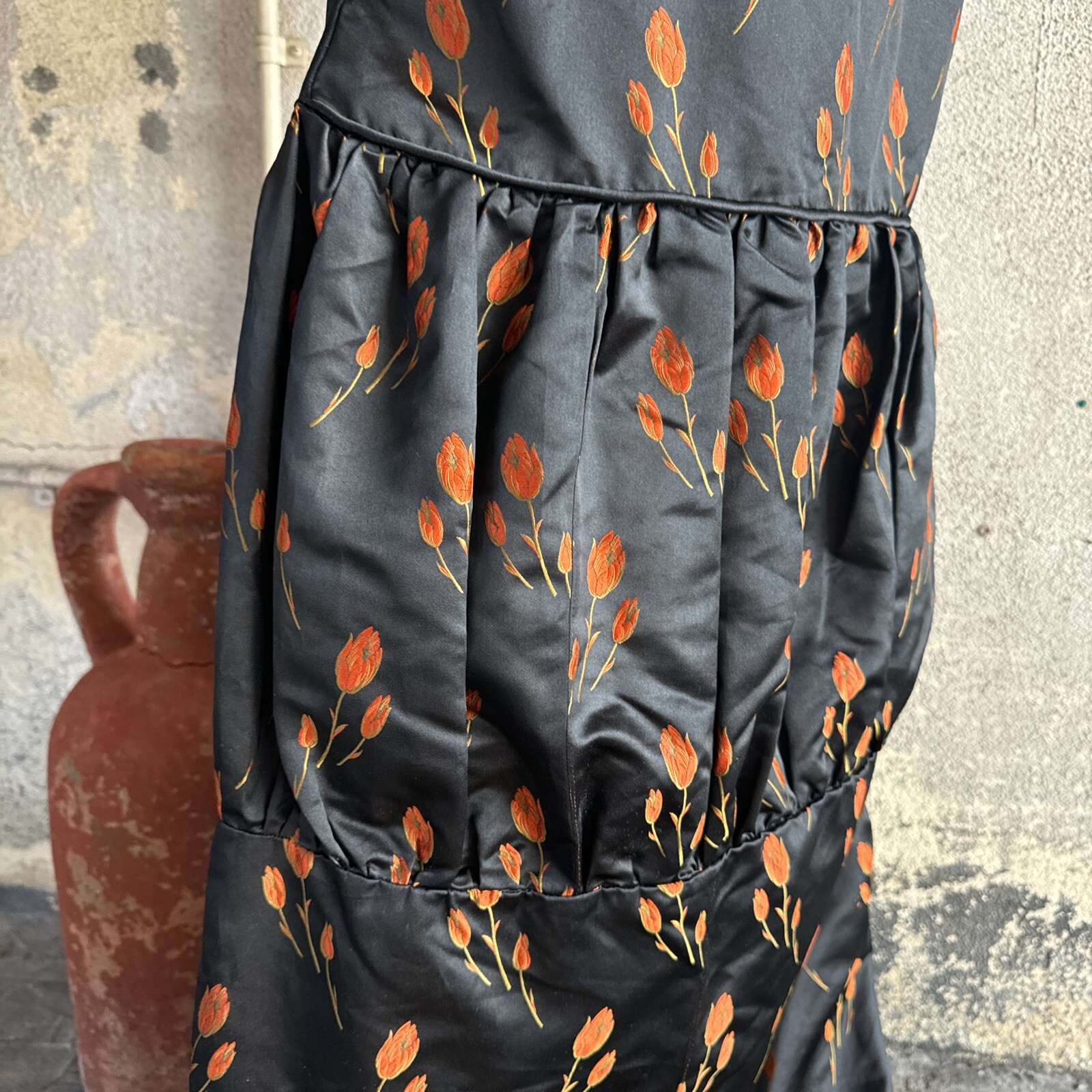 Antique 1920s Orange Tulip Silk Brocade Dress 1890s Fabric Full Length Vintage