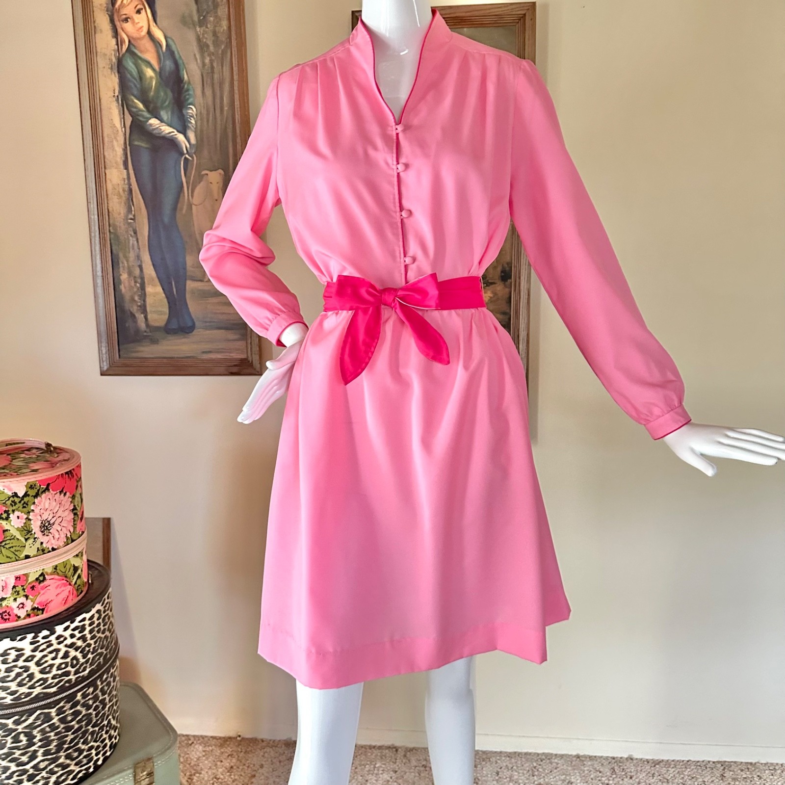 Vintage 1970s Bubblegum Pink Color Block Secretary Day Dress SATC Disco L