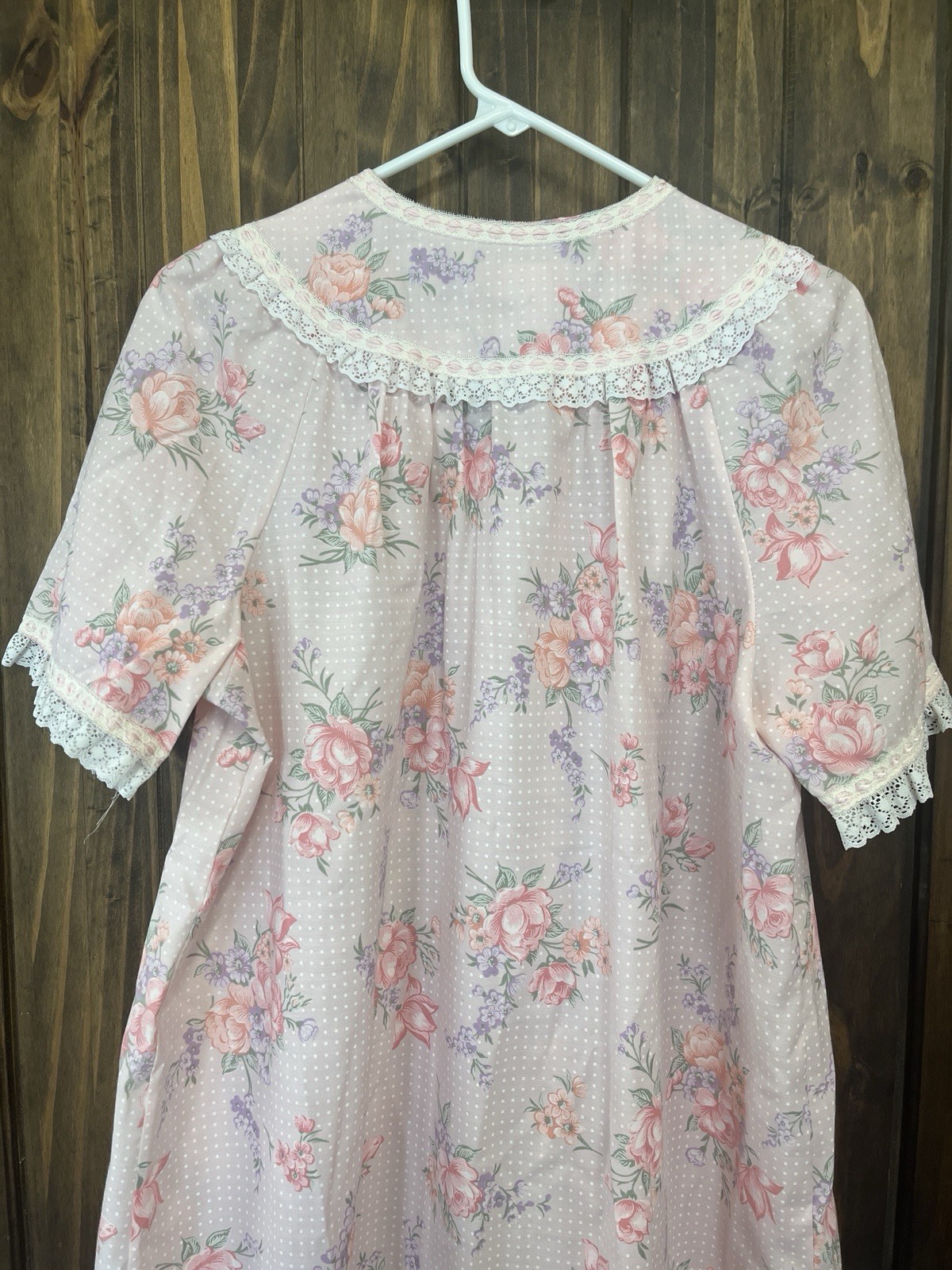 Vintage Smart Time House Dress Robe Pink Roses Polka Dots Women’s Med Lace Mumu