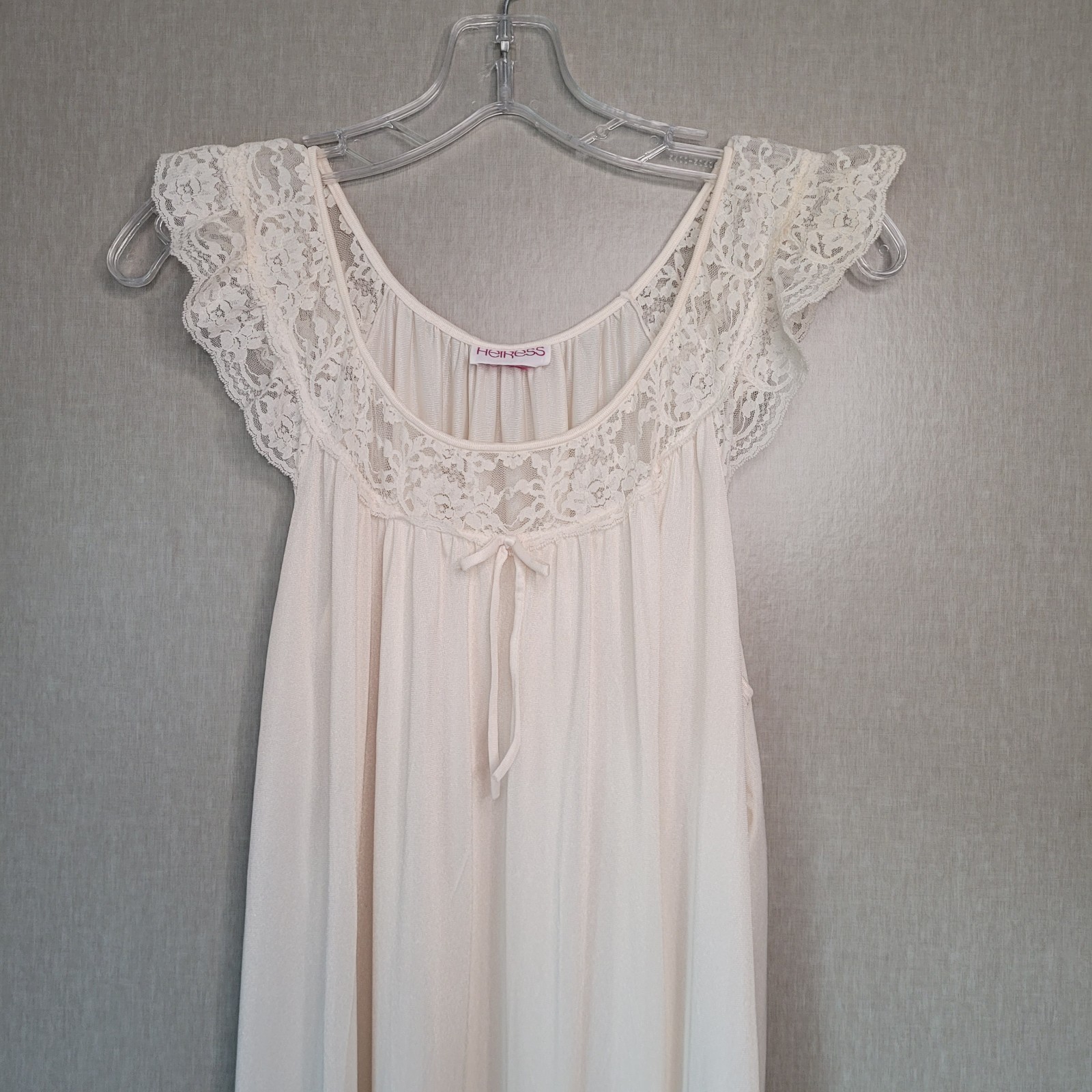 Vintage Heiress Cream Liquid Satin Nightgown Lace Flutter Sleeve Flawed As-Is M