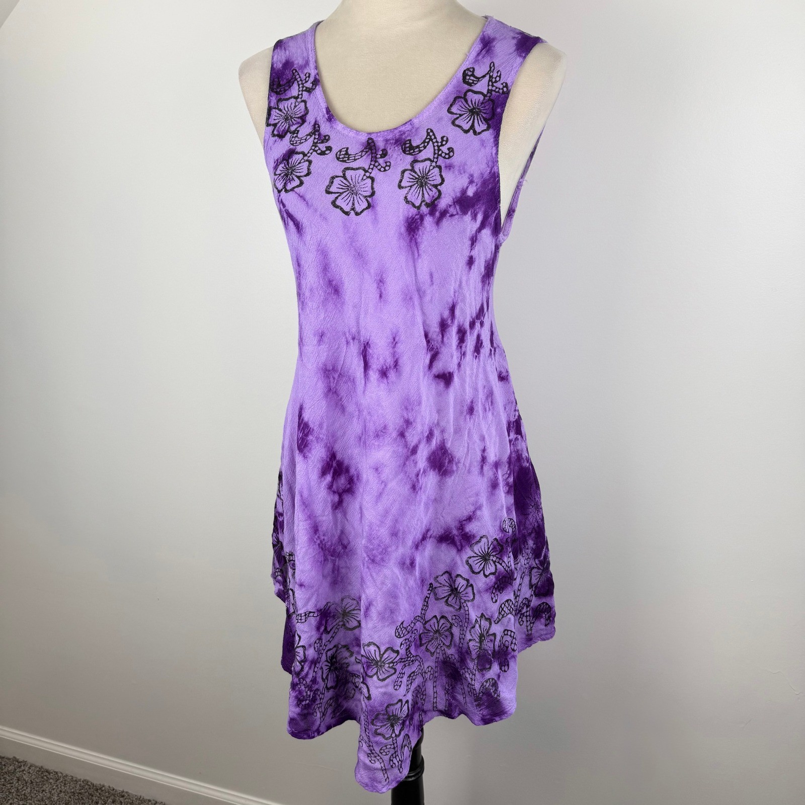 Boutique Purple Tie Dye Floral Print Handkerchief Hem Viscose Boho Hippie Dress