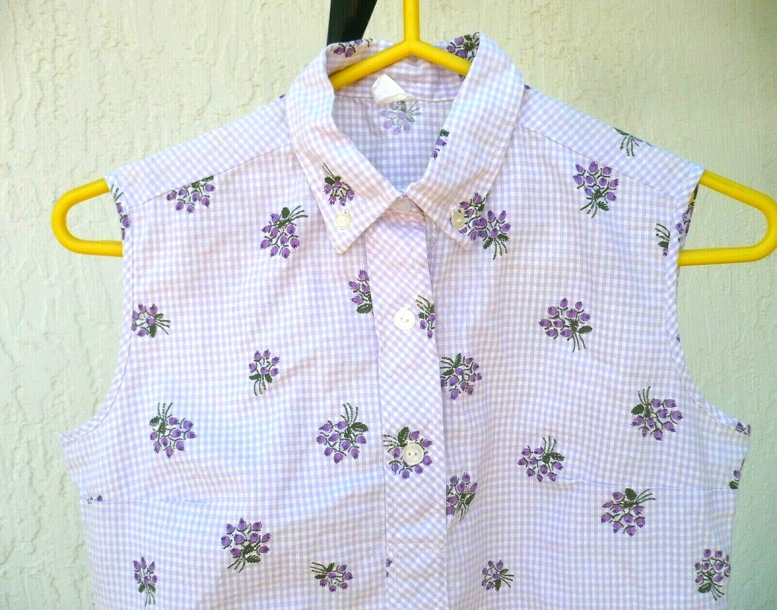 VTG S SLEEVELESS PURPLE CHECK FLORAL COTTON POLY SHIRT FITTED BUTTON BLOUSE LADY