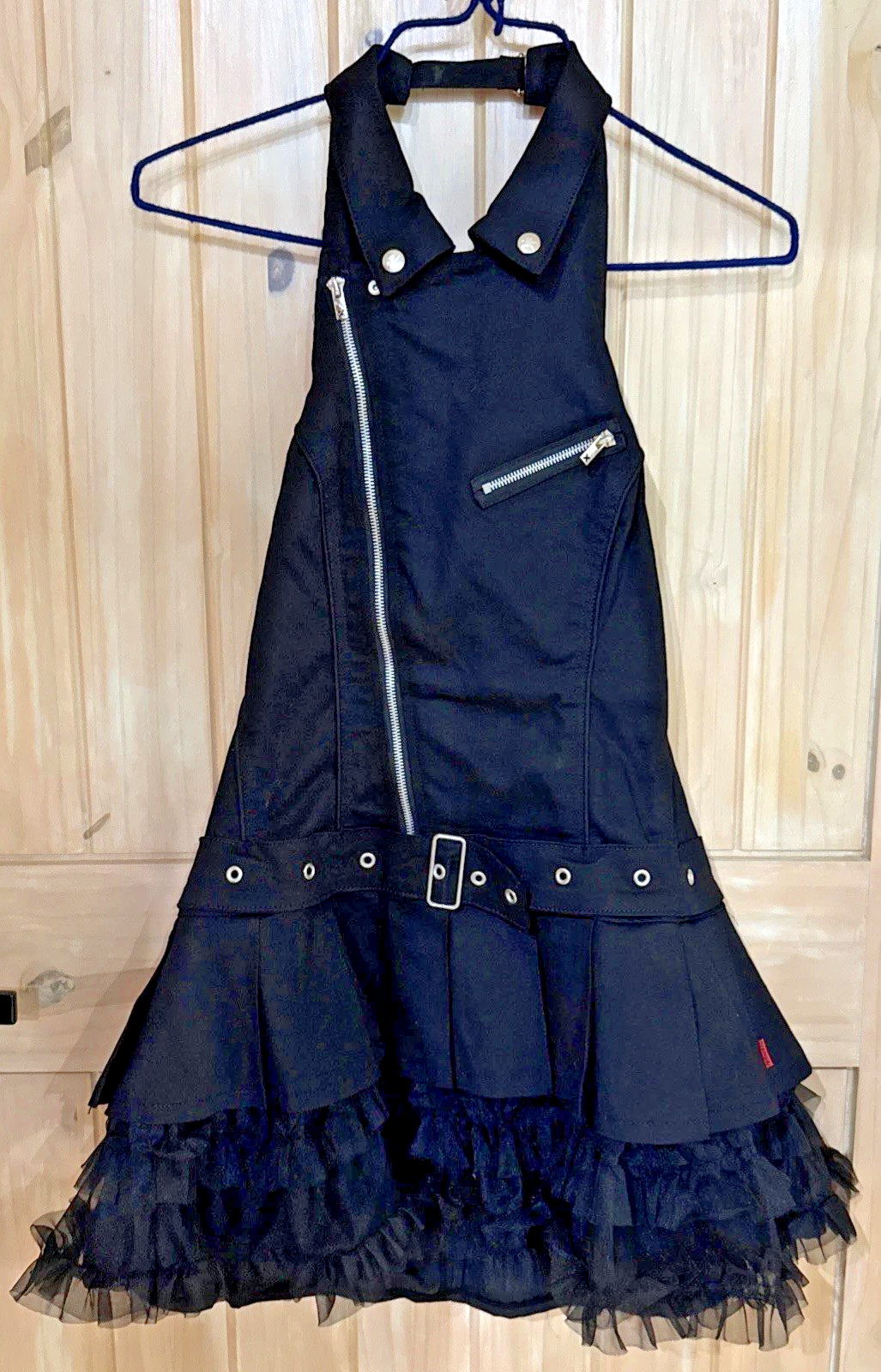 Tripp NYC 108073 Black Moto Halter Dress L NWT Gothic Punk Tulle Belt Zip