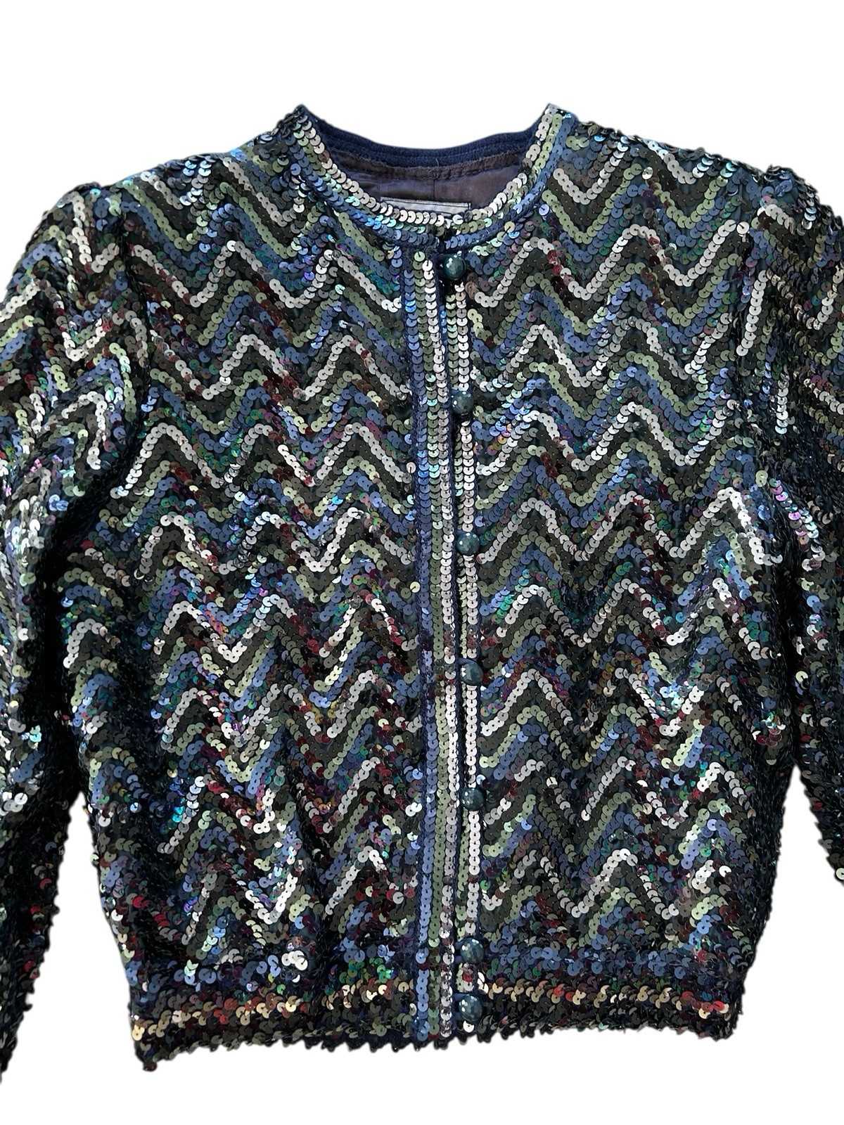 Vtg 70s 80s THREE FLAGGS Blue Green Sequin Button Front Jacket XS/S Disco Glam