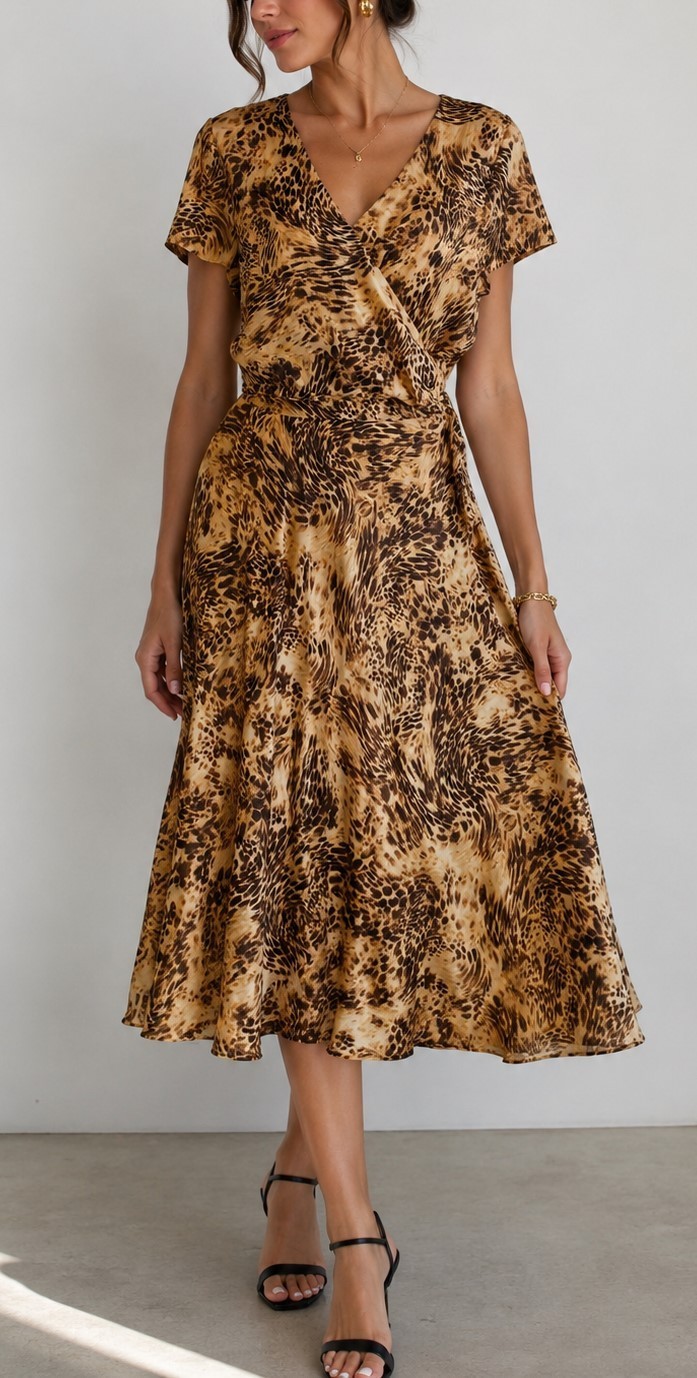 Vintage 90’s Spenser Jeremy 100% Silk Midi Wrap Dress sz 12 Animal Leopard Tiger