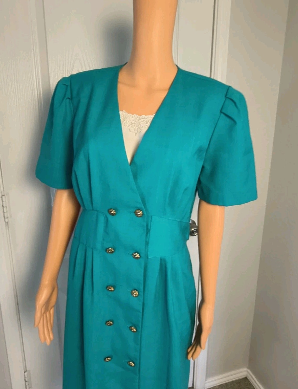 Vintage 90s Pleated Pencil Dress Teal Size 16 Midlength Preppy Stretch Waist P41