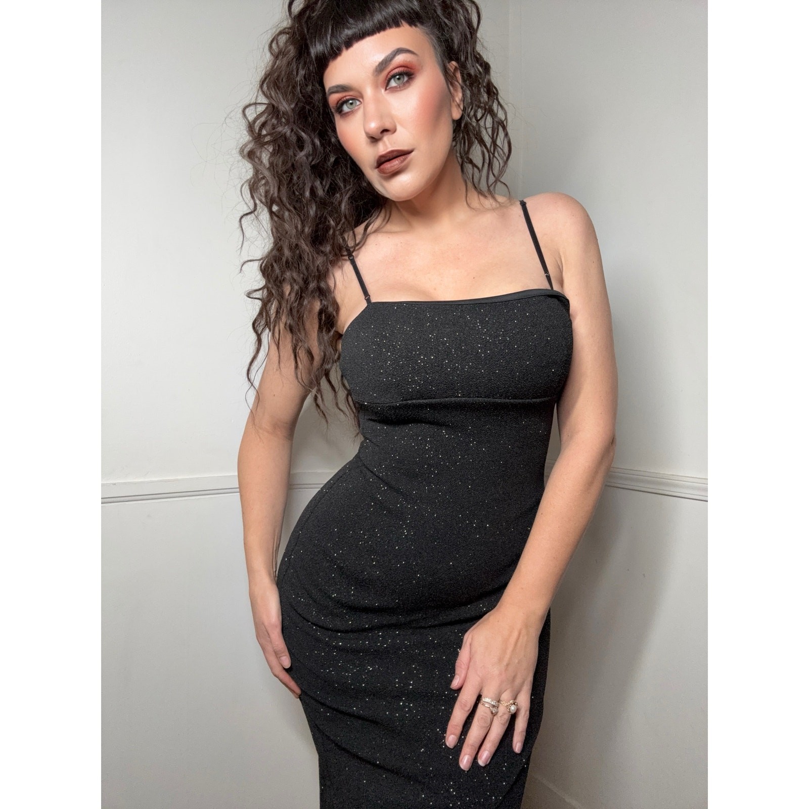 Small to Medium Y2K Vintage Black Glitter Hi Low Slip Dress by City Triangles