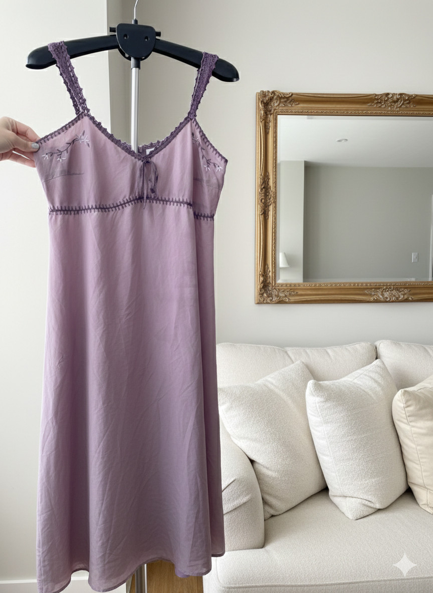 Vintage 90s Hennes 100% Silk Slip Dress Nightgown Size 42 • Hand Crochet Trim •
