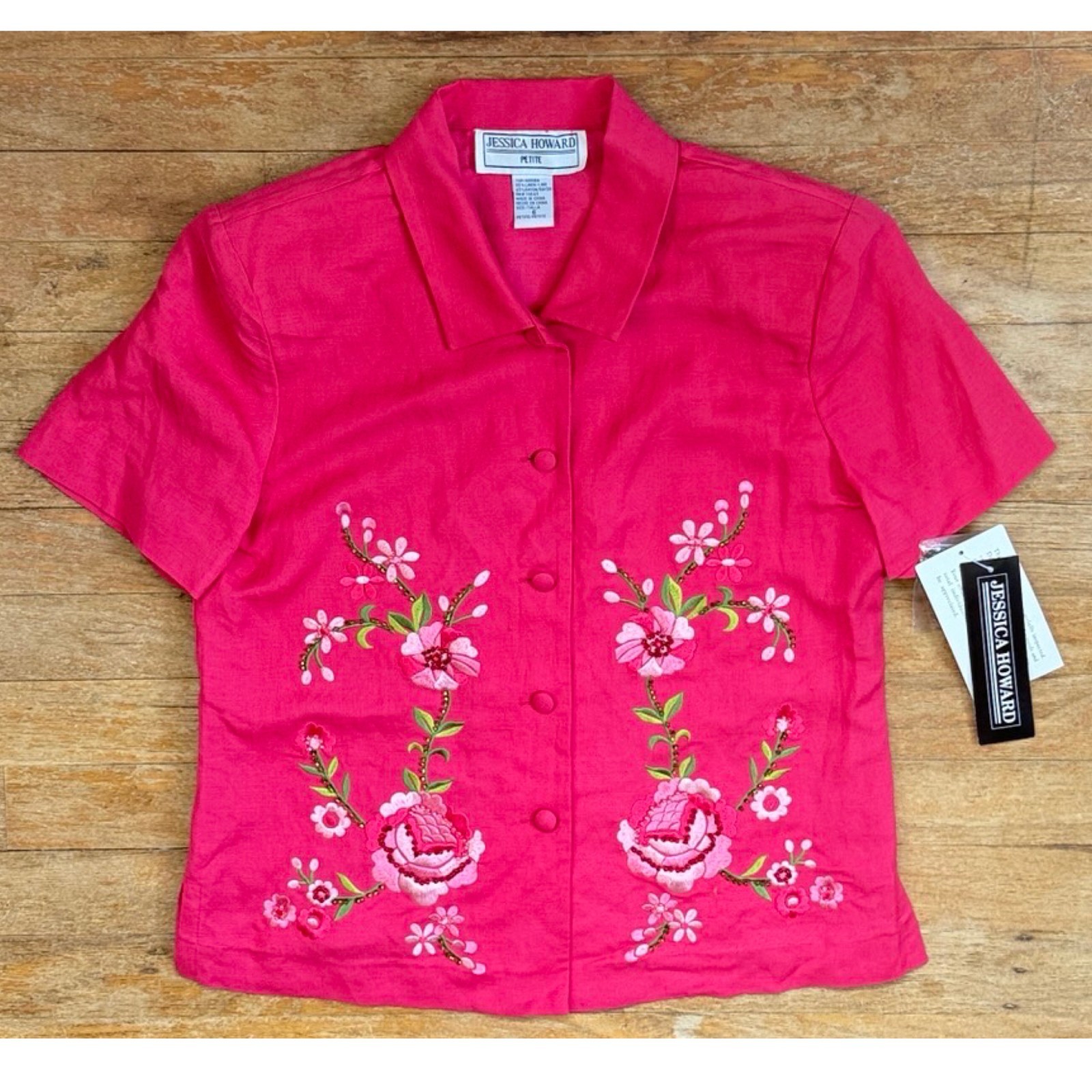Vintage Floral Embroidered Dress Top Set Size Small 90s Pink Beaded Linen Blend
