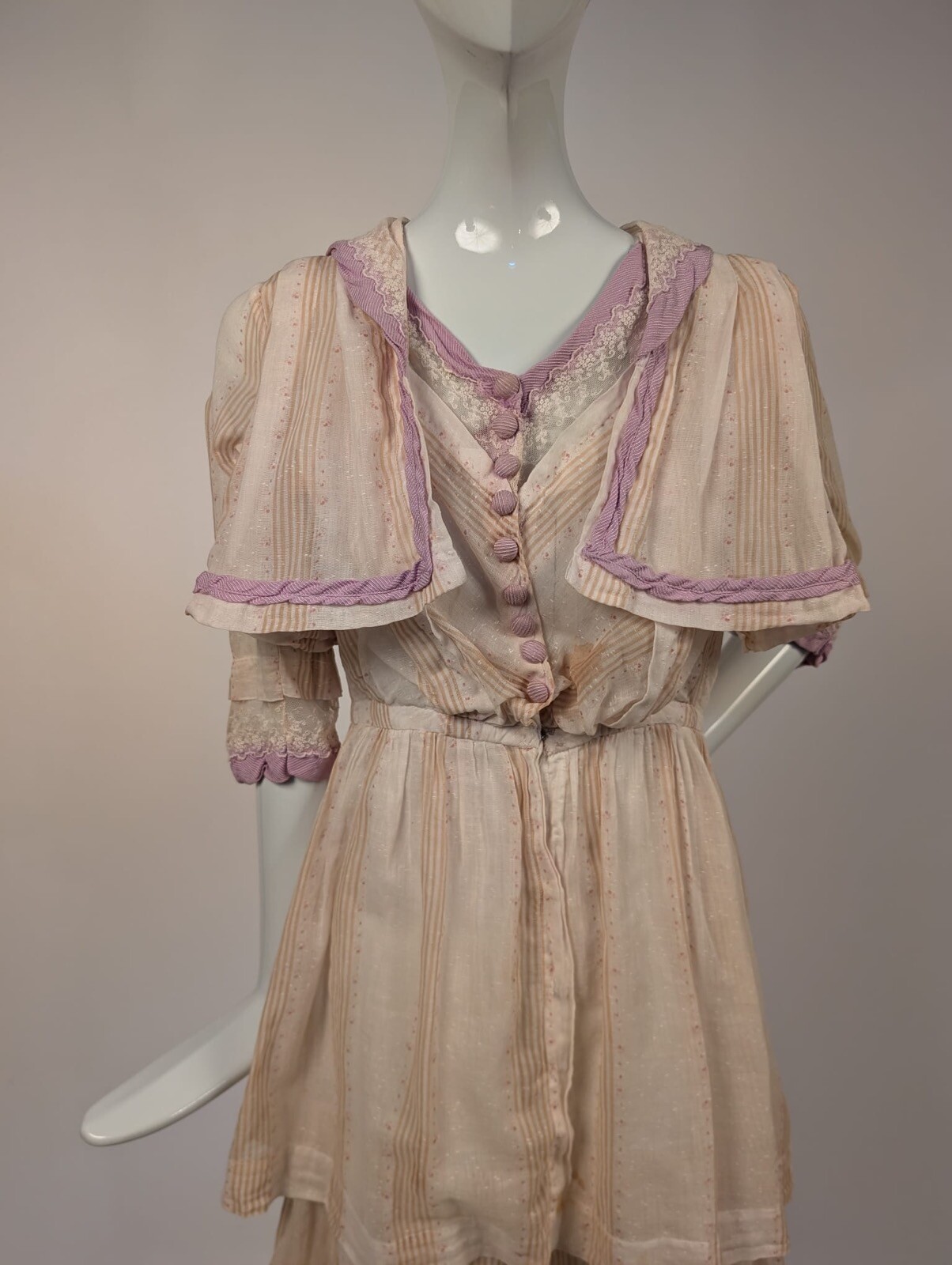 EDWARDIAN STRIPED MUSLIN DRESS W LAVENDER SILK EDGING + TRIPLE TIERED SKIRT