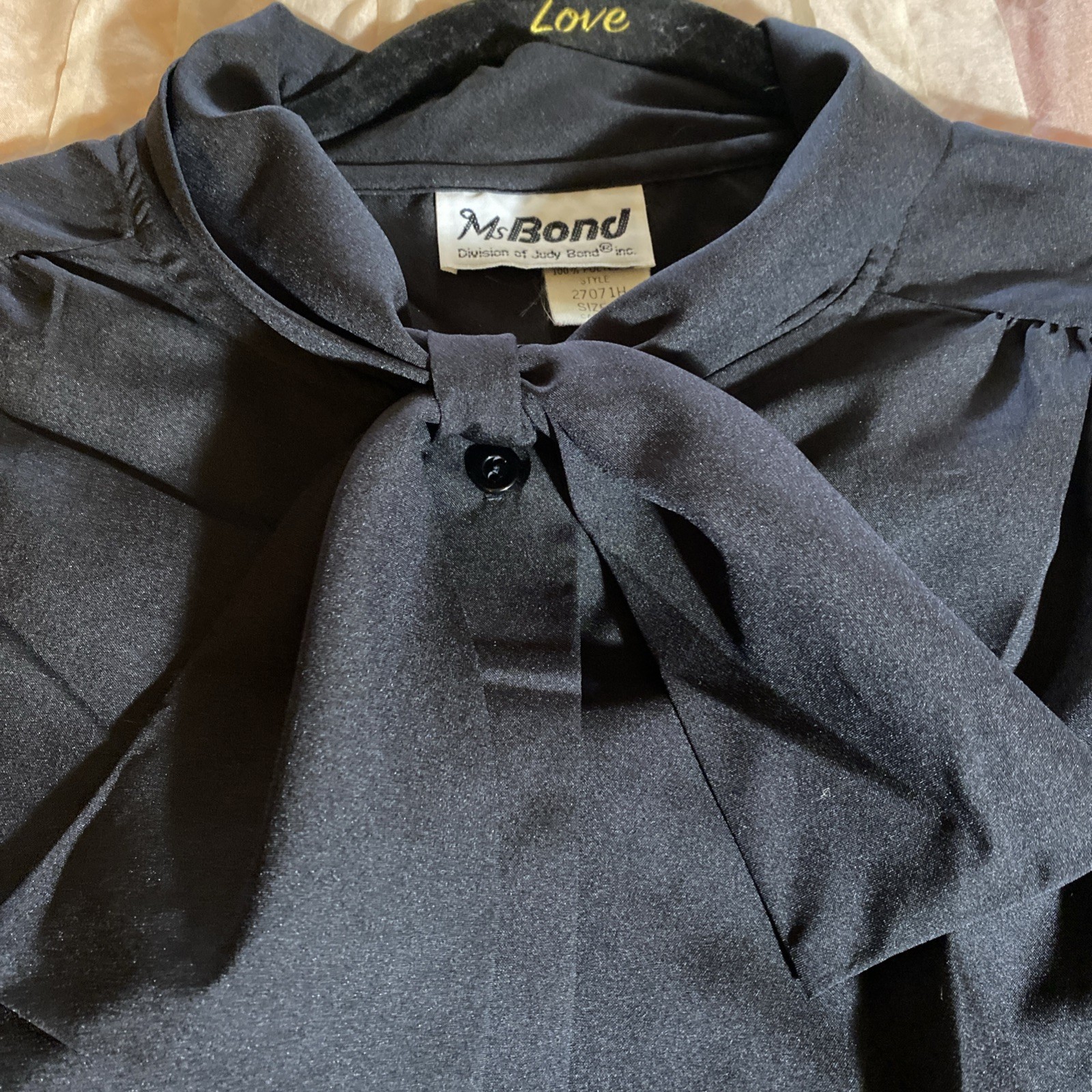 Vintage 70s Judy Ms Bond Black Polyester Bow At Neck Blouse Shirt Top 42/8